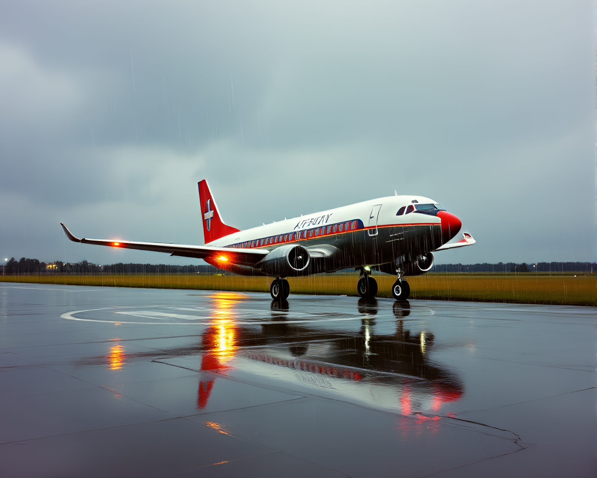 Chalk Plane Soars in Rainy Retro Reflections – free AI stock image