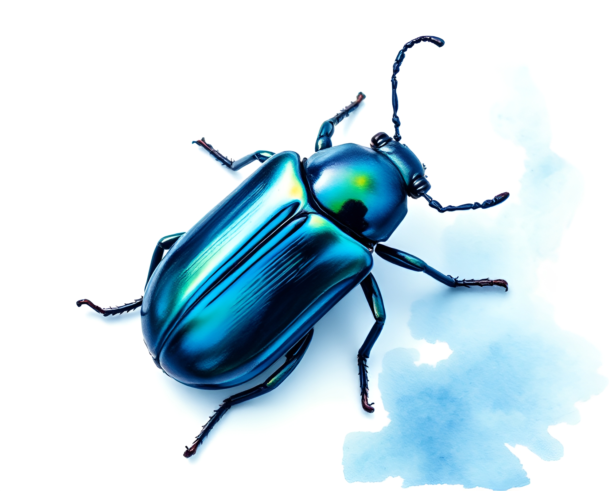 Beetle in Motion: Ocean Blue Watercolor Streaks – free AI stock image