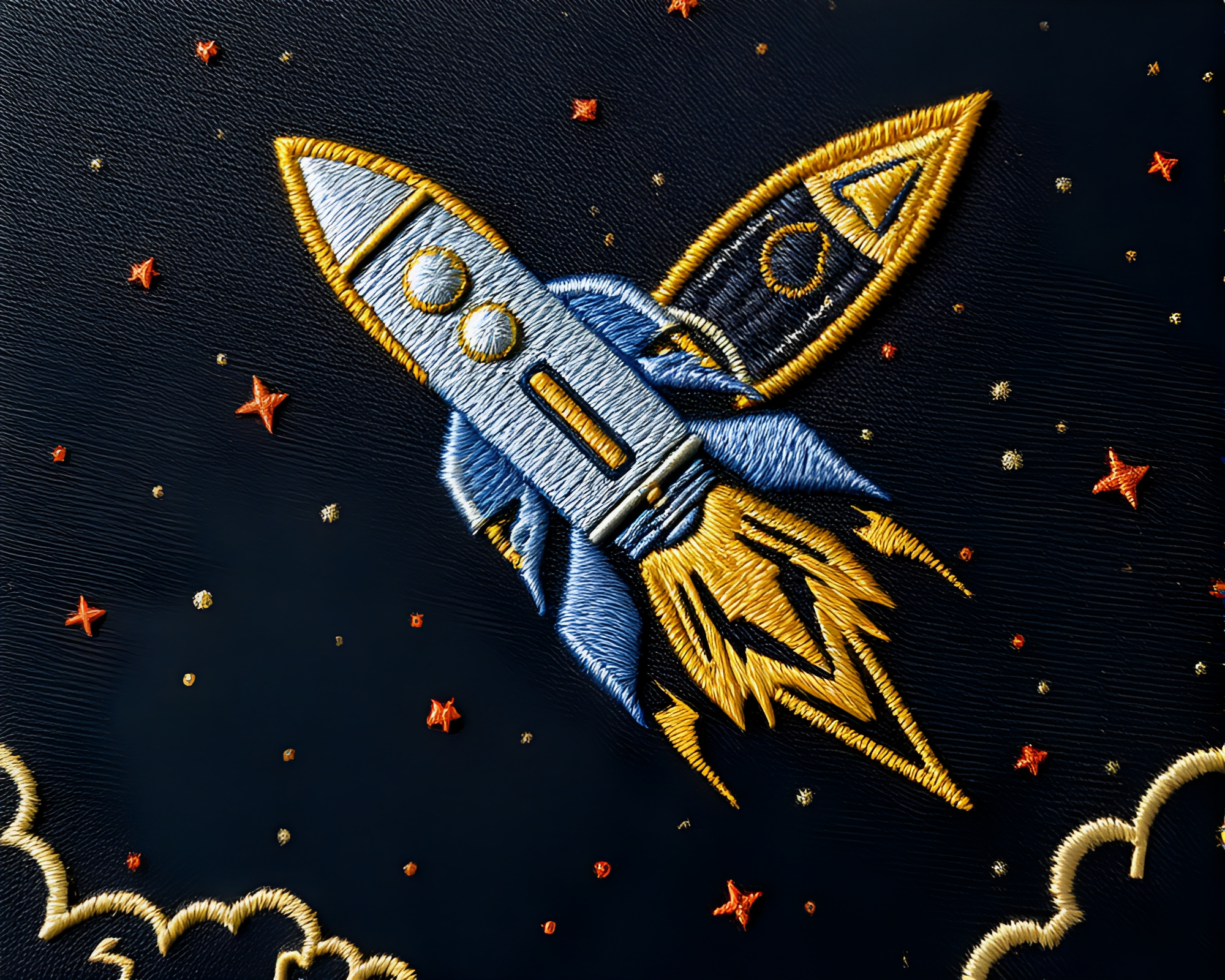 Rocket-themed Embroidered Cosmic Line Art Composition – free AI stock image