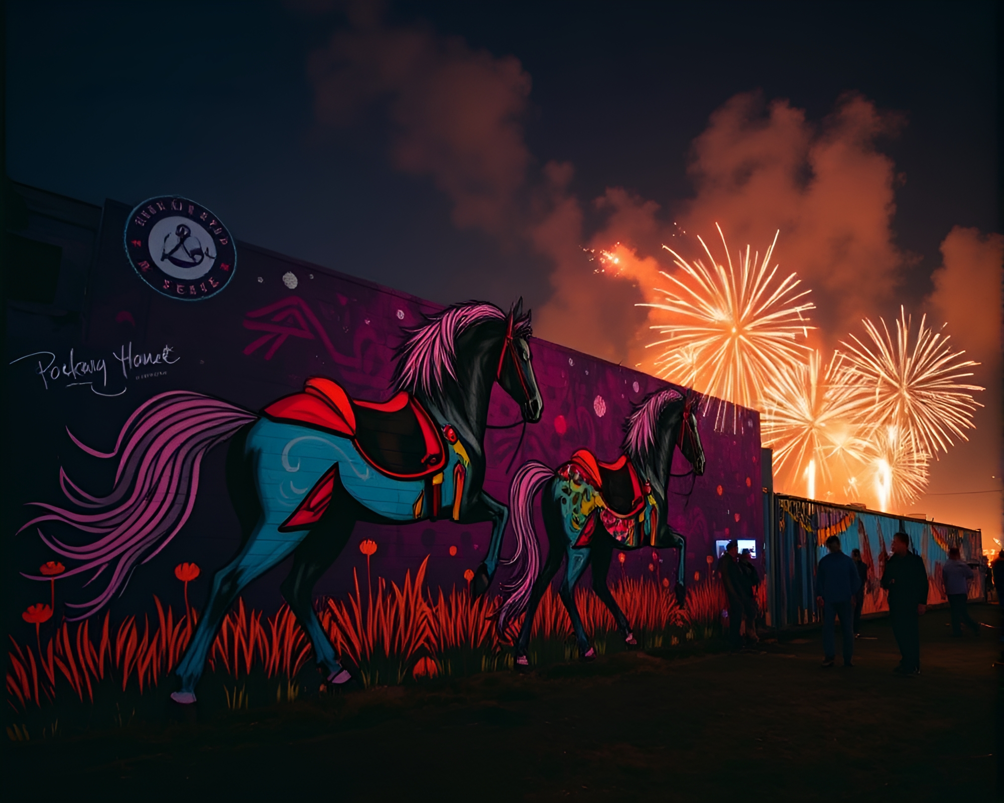 Vibrant screen printed mural: Wild Stallion in Festival Glow – free AI stock image
