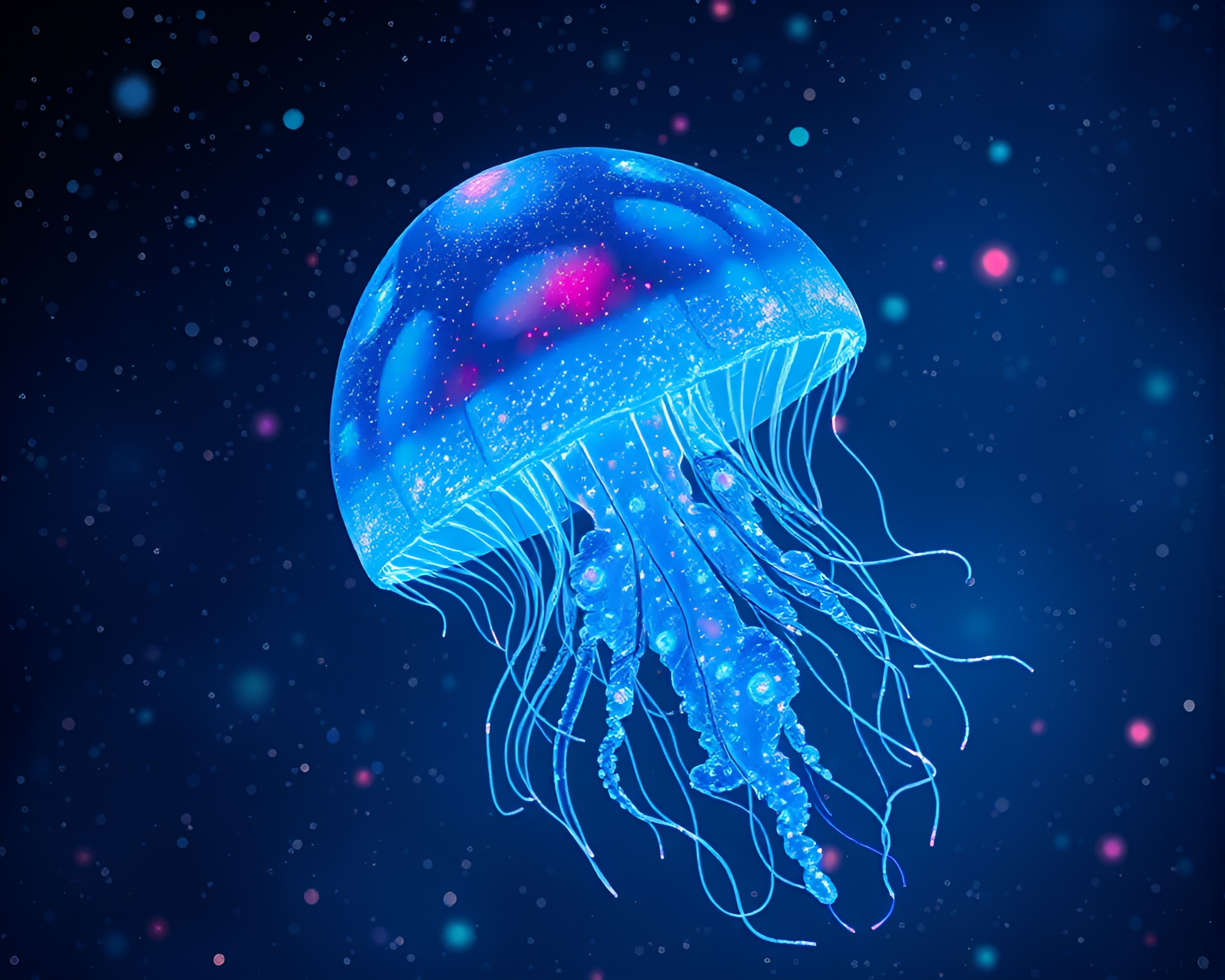 Bioluminescent jellyfish in pixel cosmic dust galaxy – free AI stock image