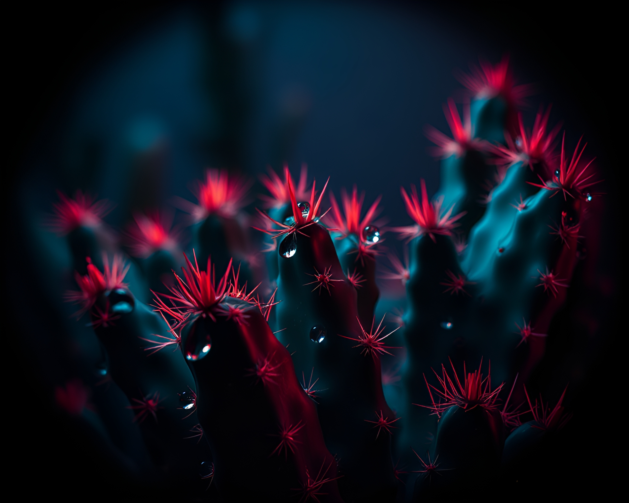 Neon Cactus Oasis: Crosshatched Water Droplets in Vignette – free AI stock image