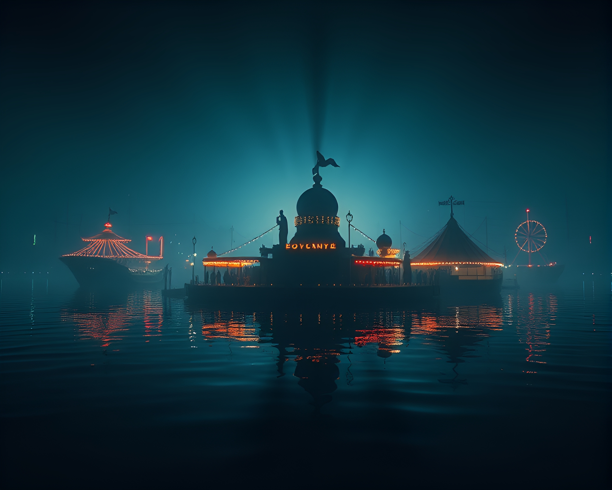 Shadow Silhouette on Floating Island at Carnival Lights – free AI stock image