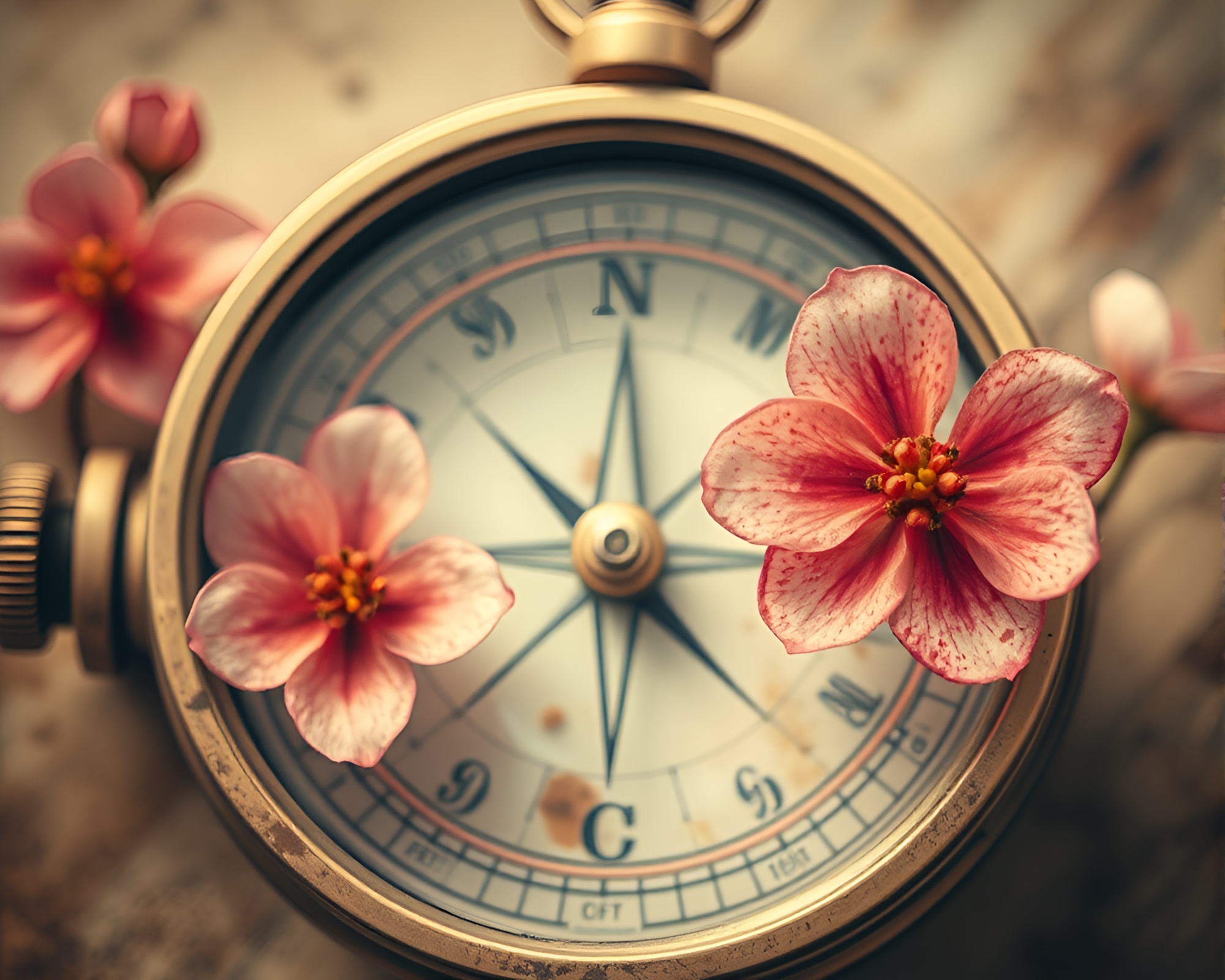Antique Compass in Dreamy Watercolor Blooms – free AI stock image
