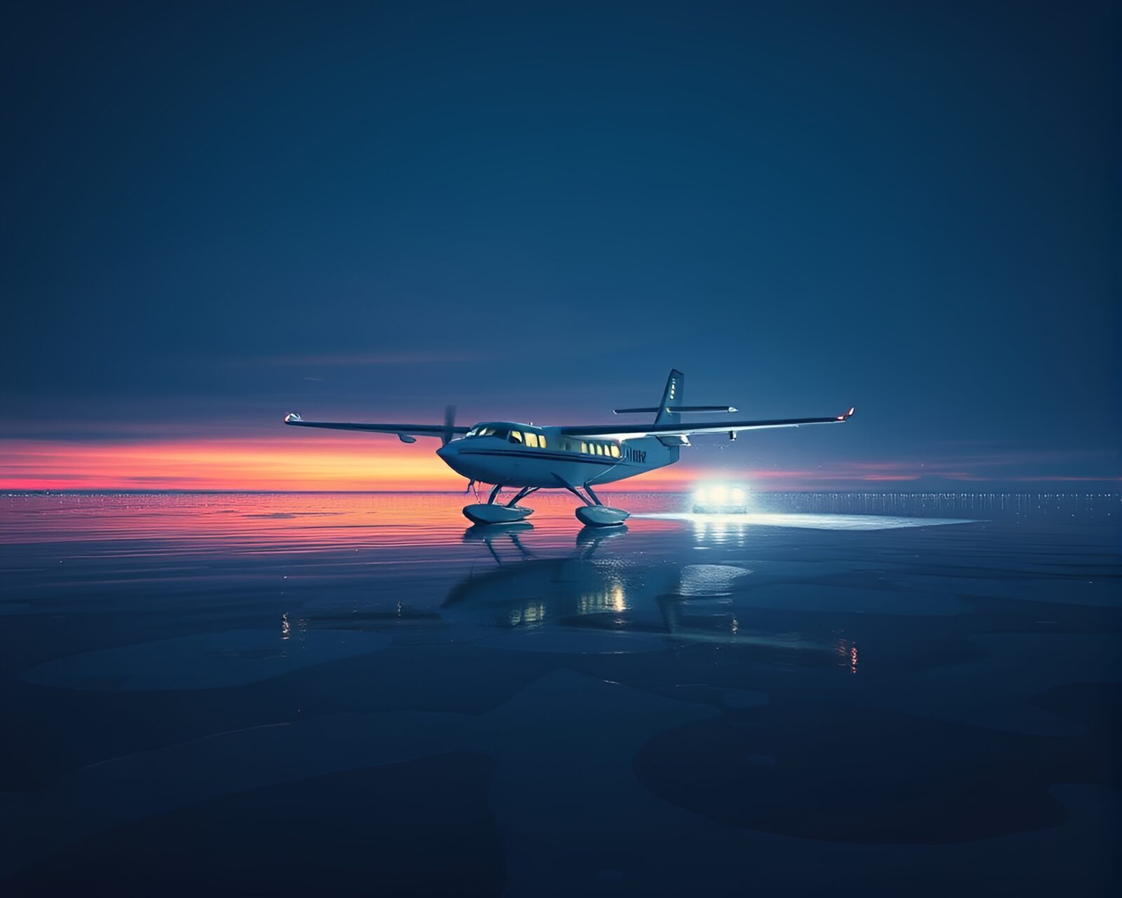 Sea plane in holographic specks under polar twilight sky