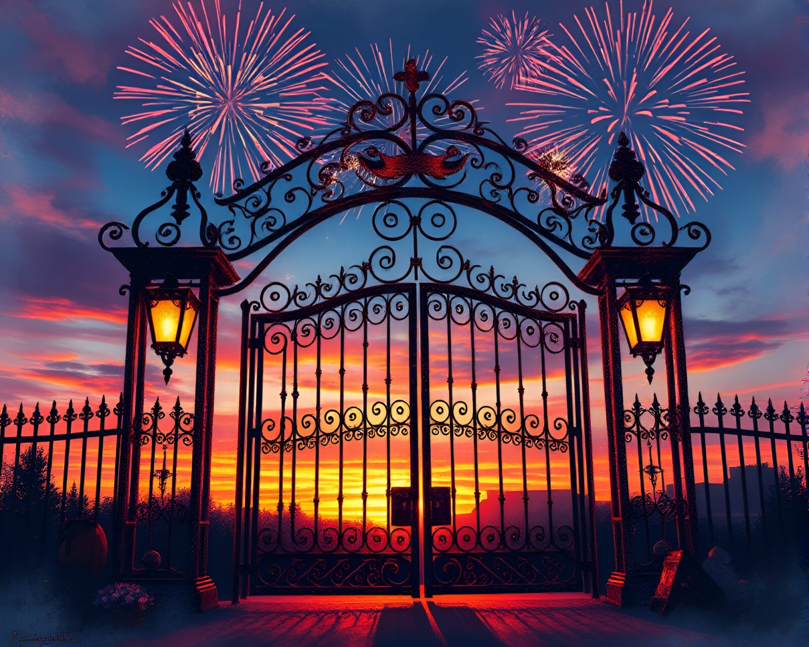 Digital painting of sunset-splashed fireworks above ornate gate