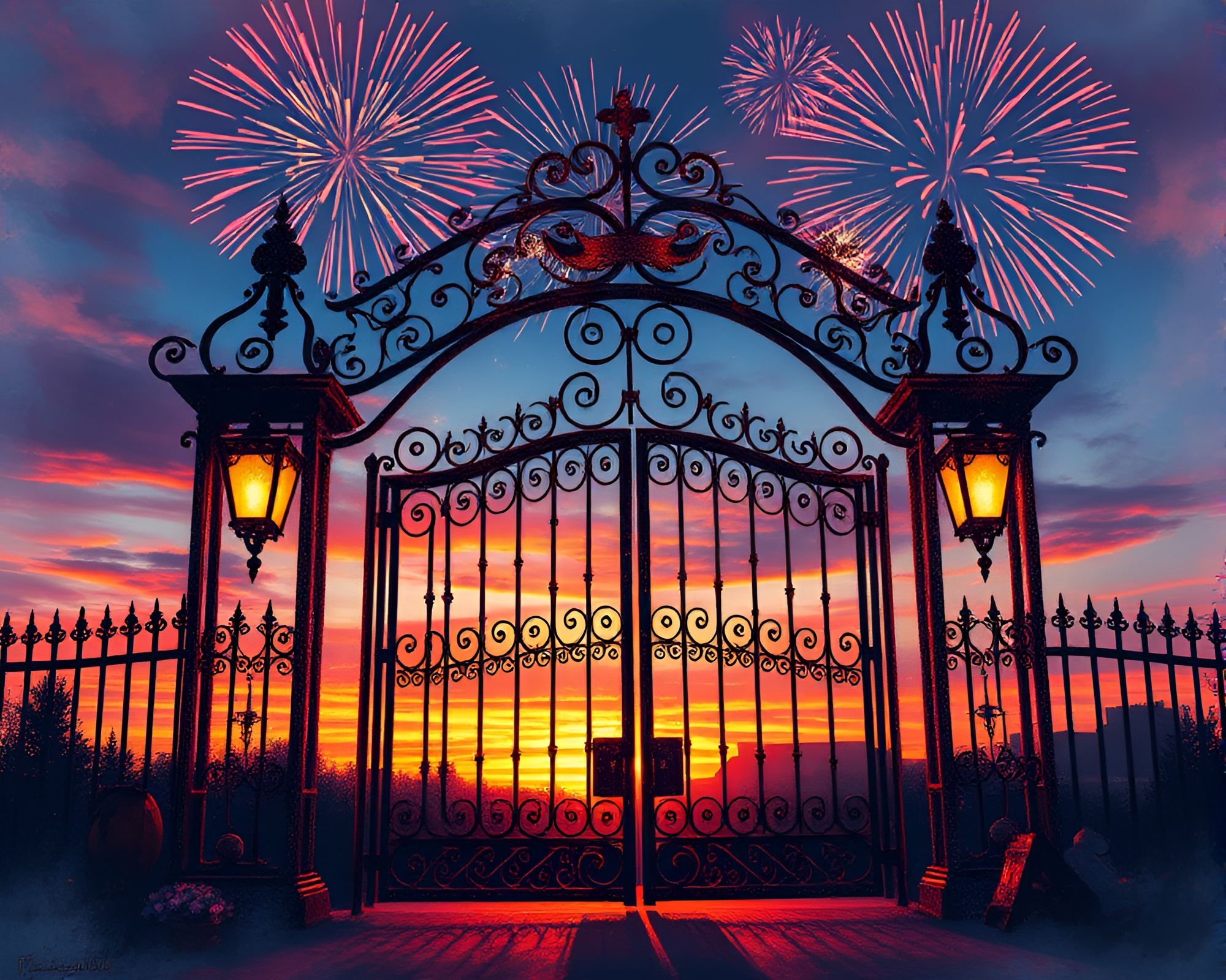 Explosive Fireworks over Intricate Wrought Iron Gate – free AI stock image