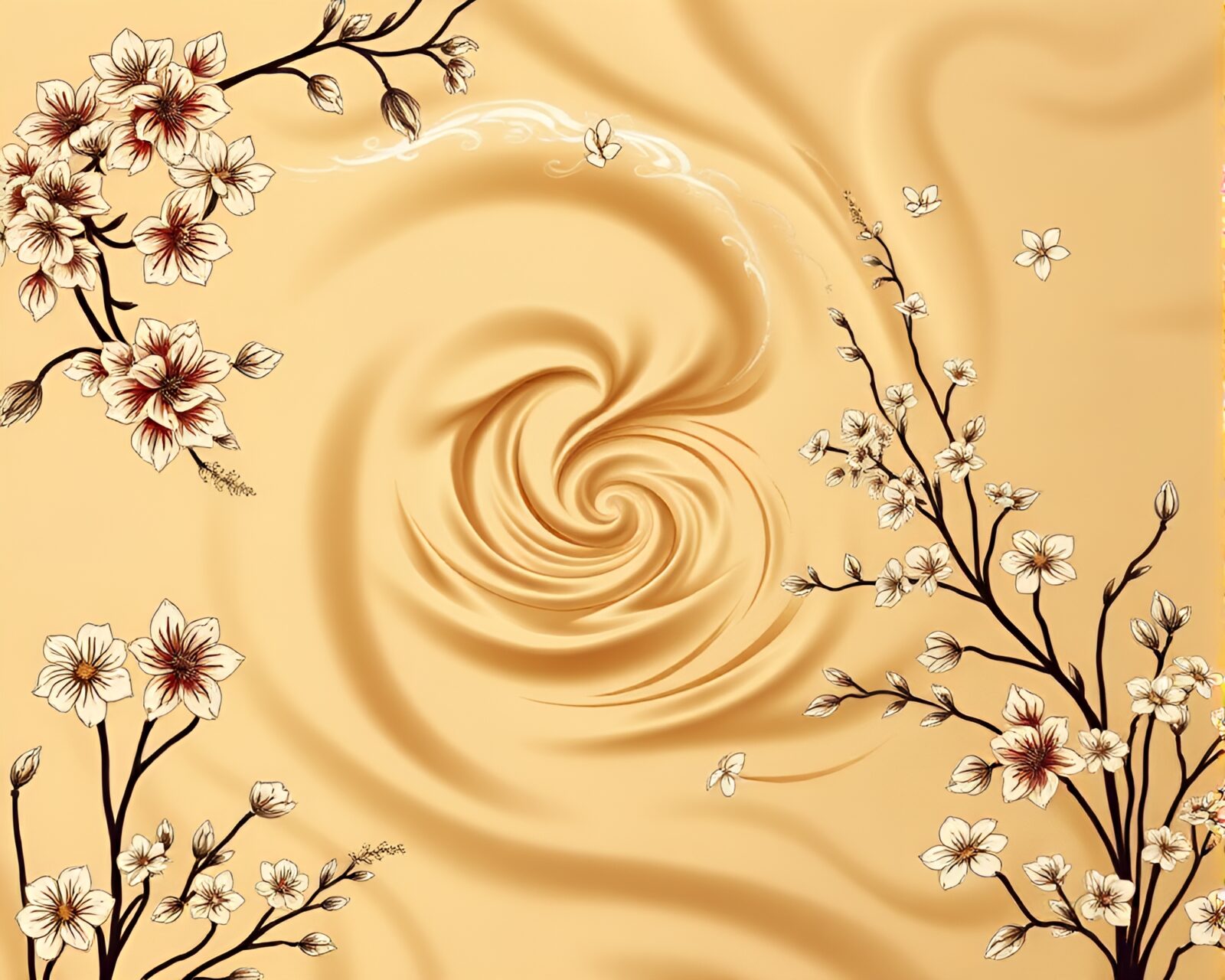 Swirling silk kimono in sepia botanical vortex illustration