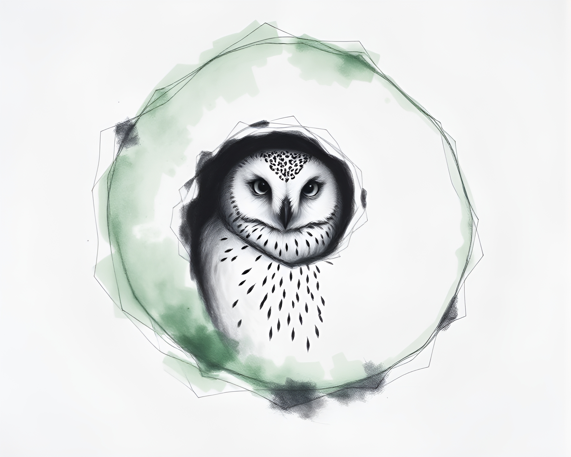Snowy Owl in Monochrome Green Spiral Charcoal Sketch – free AI stock image