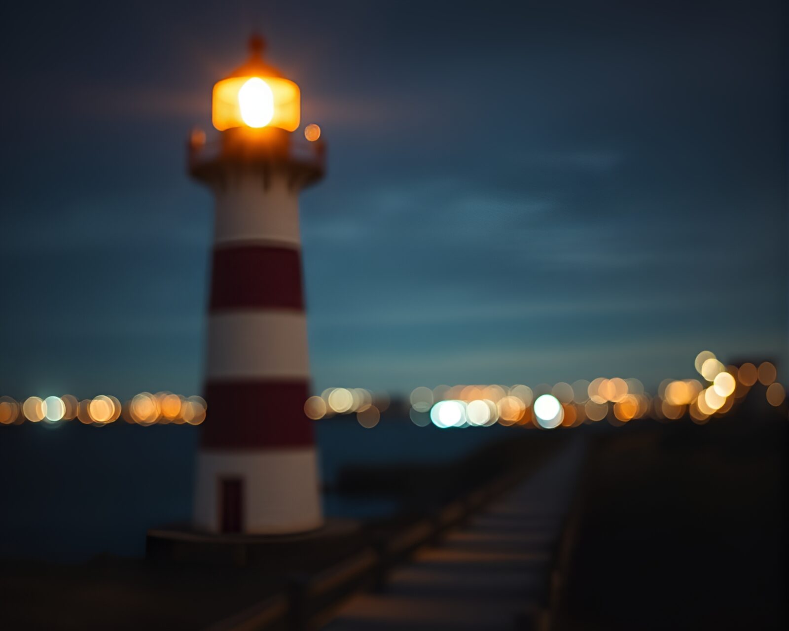 Close-up view of a lighthouse in a graphic novel style with bokeh lights