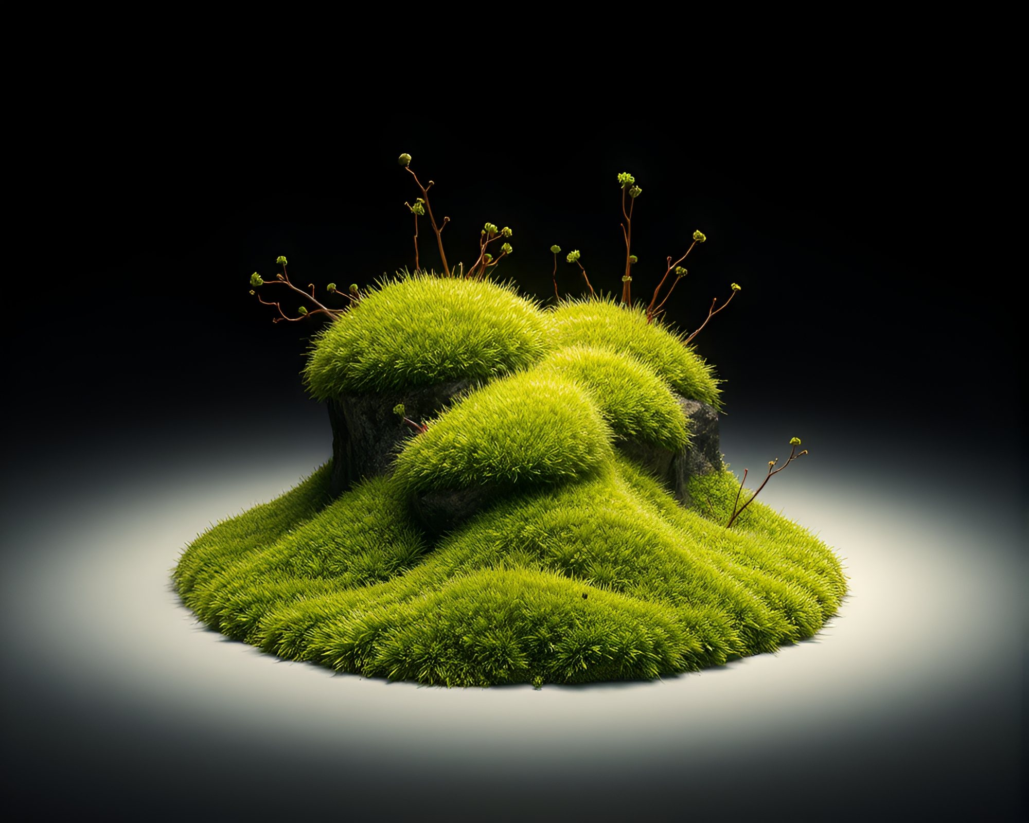 Enigmatic Dreamscene: Moss Growth in Glowing Wireframe – free AI stock image