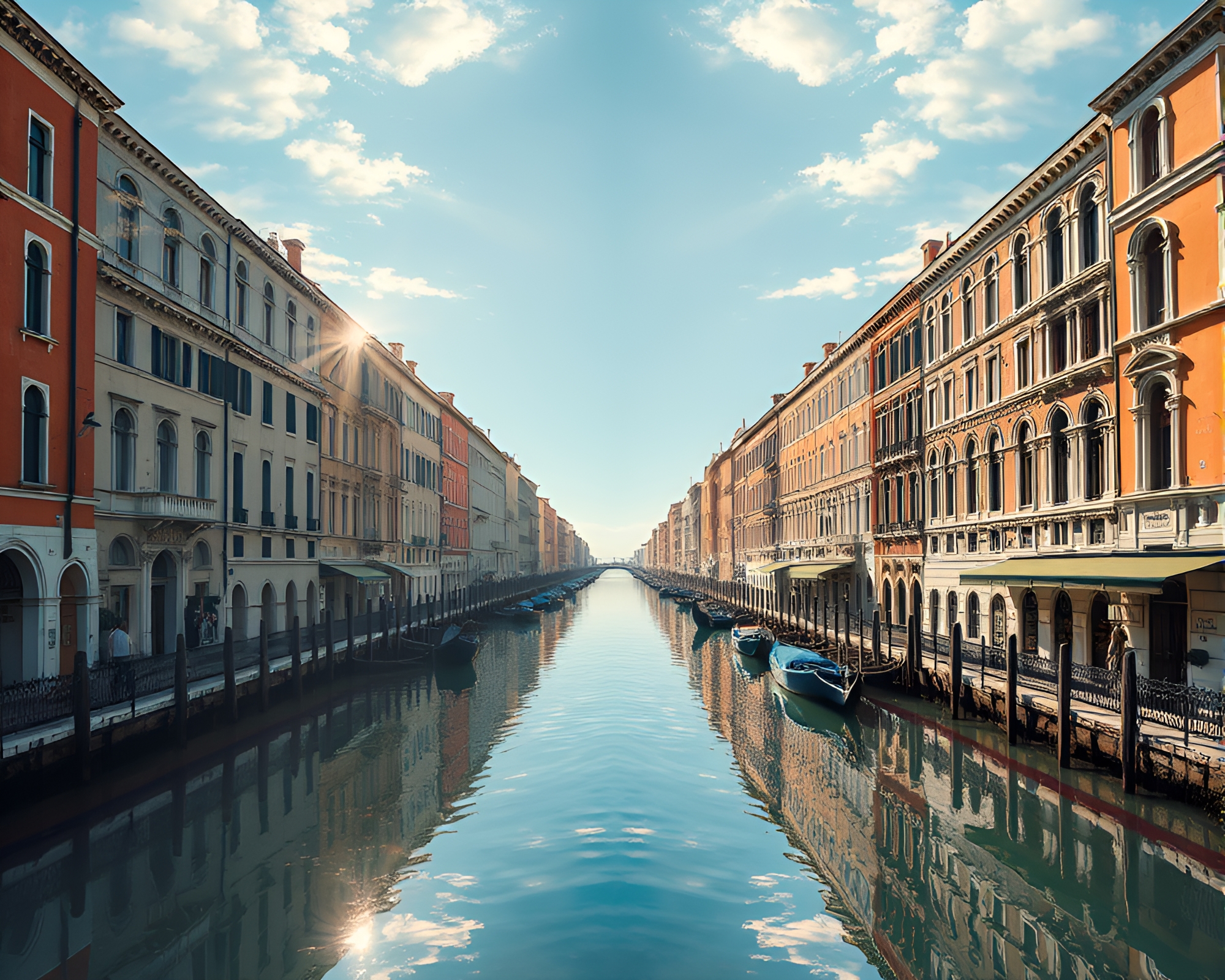 Venetian Canal Surrealism with Mirror Symmetry and God Rays – free AI stock image