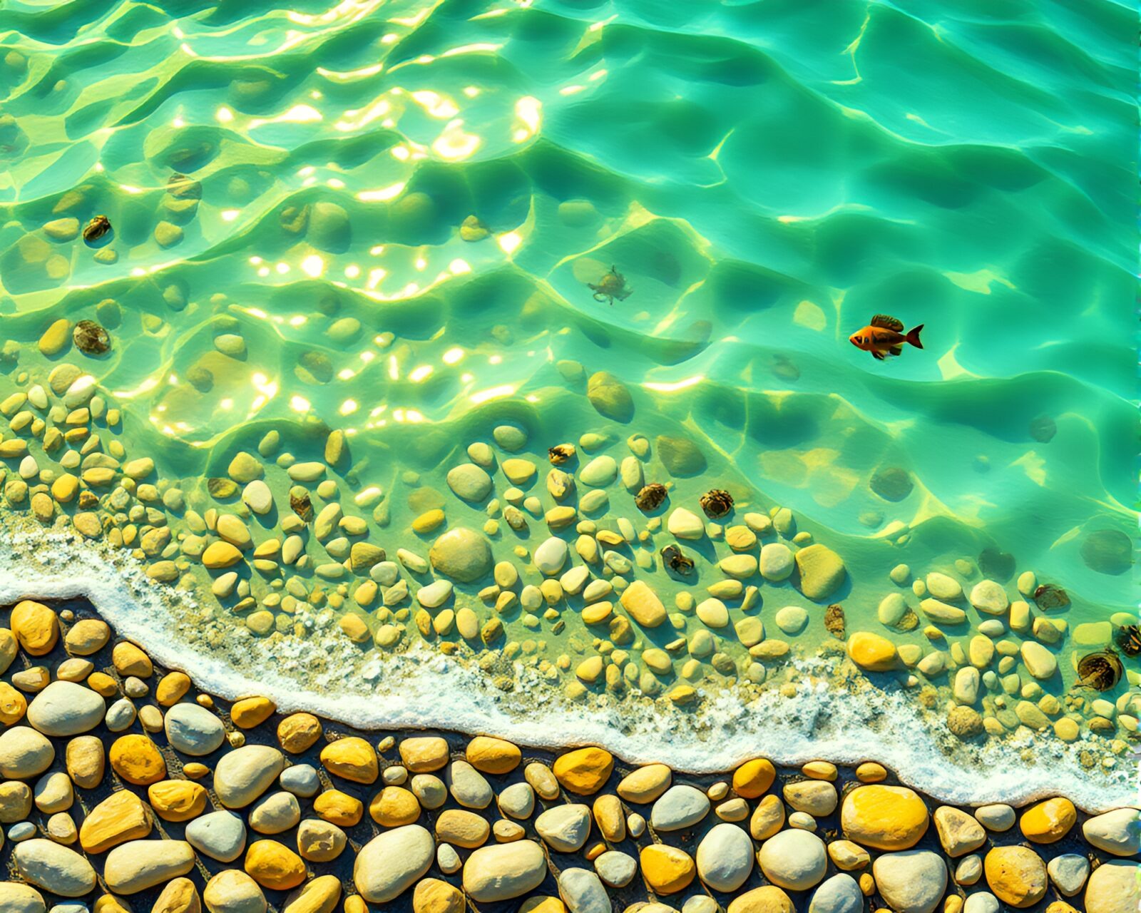 A whimsical toon style scene of lemon yellow pebble beach