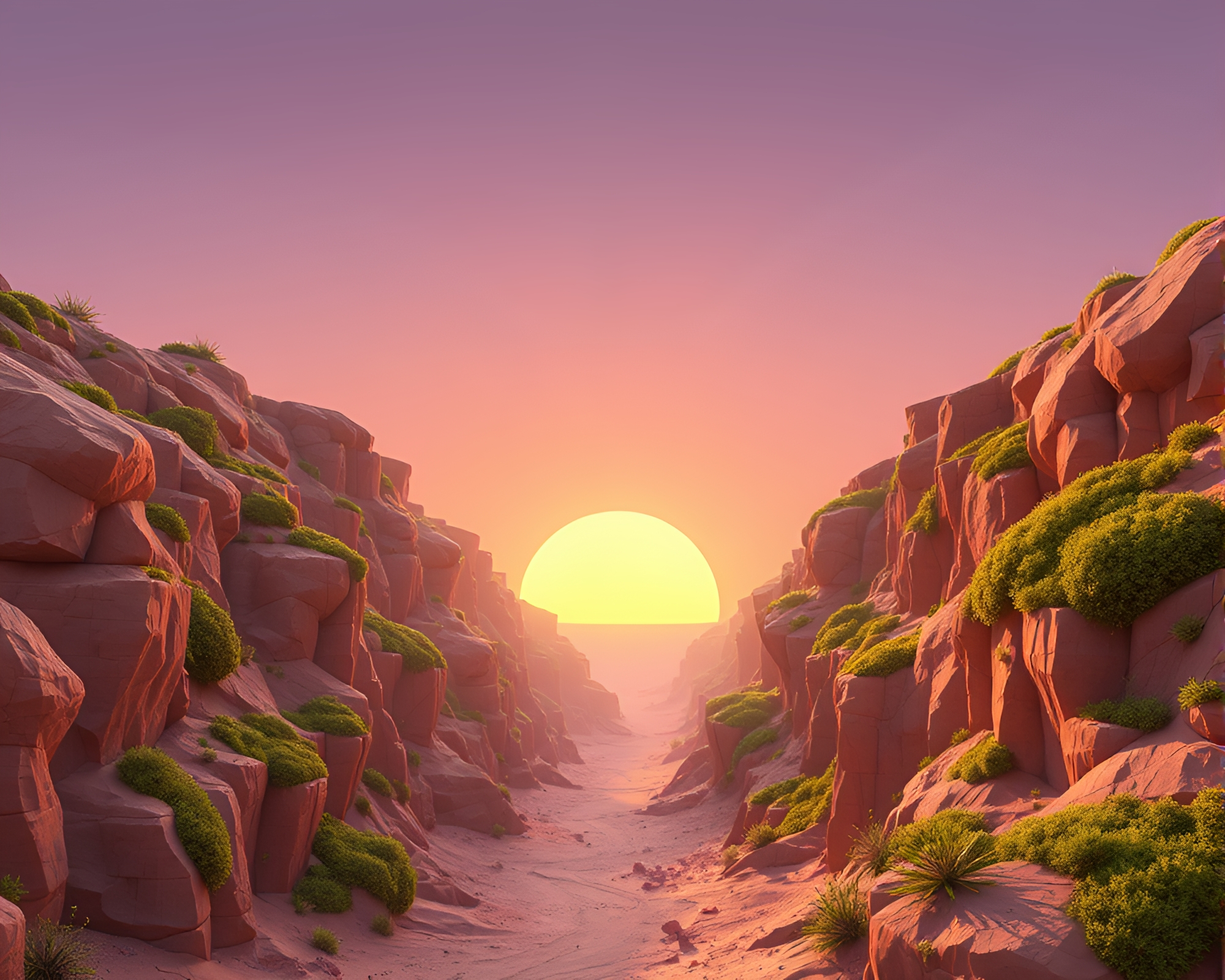 Mossy Canyon Sunset: Low-Poly Desert Landscape – free AI stock image