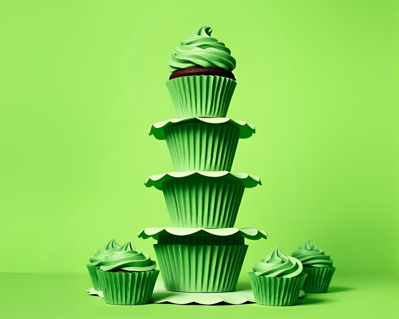 Pop art cupcake display with green paper edges torn