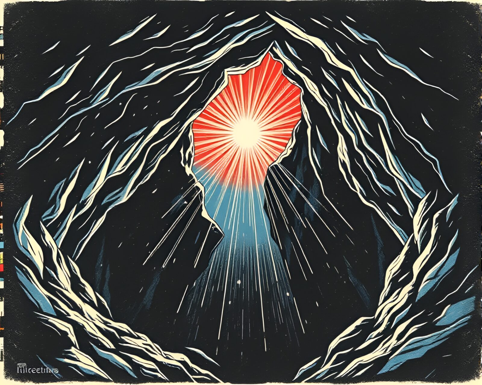 Majestic glacial cave with intricate etching details and vibrant starburst colors.