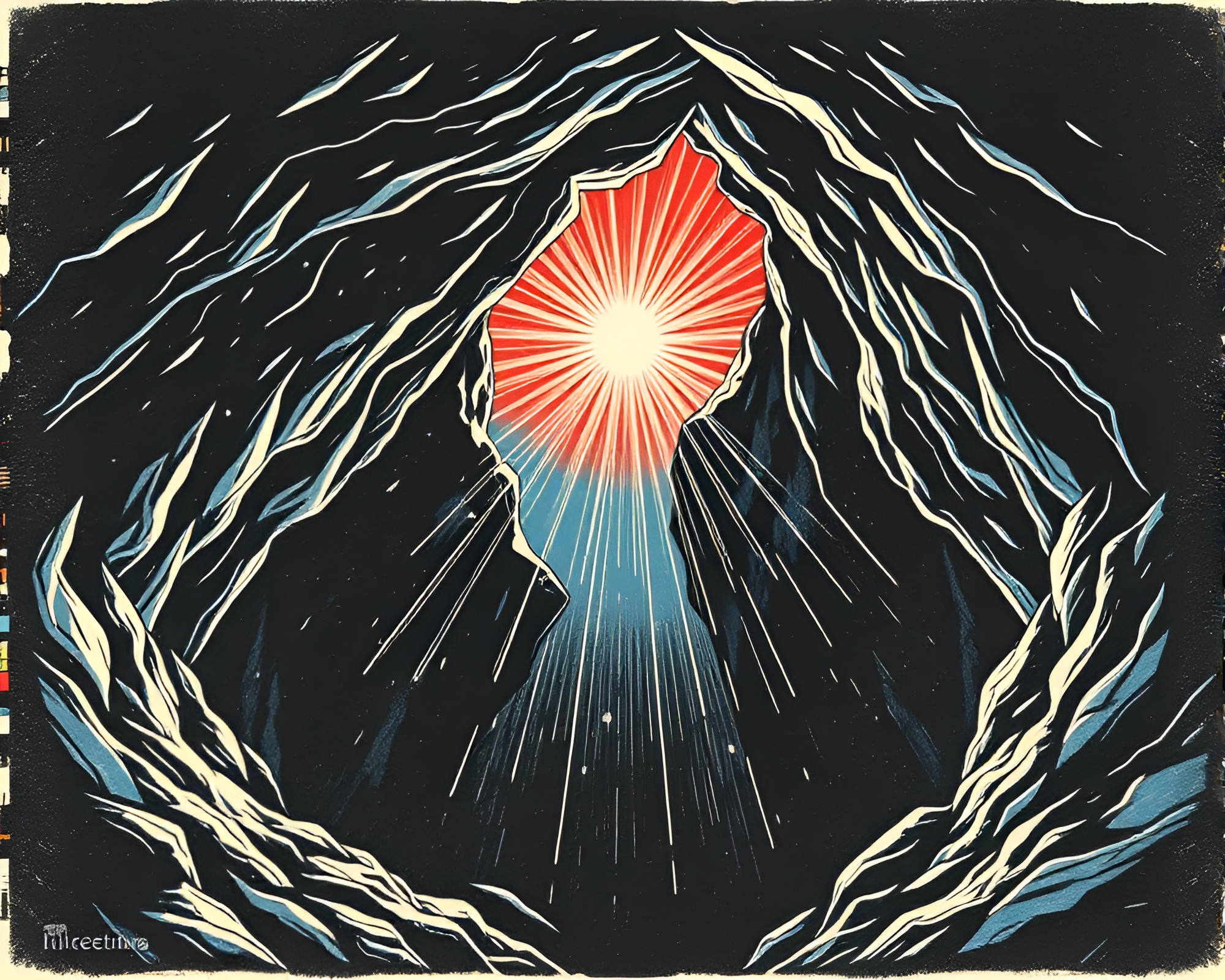 Glacial Cave Etching Lines in Starburst Woodcut Print – free AI stock image