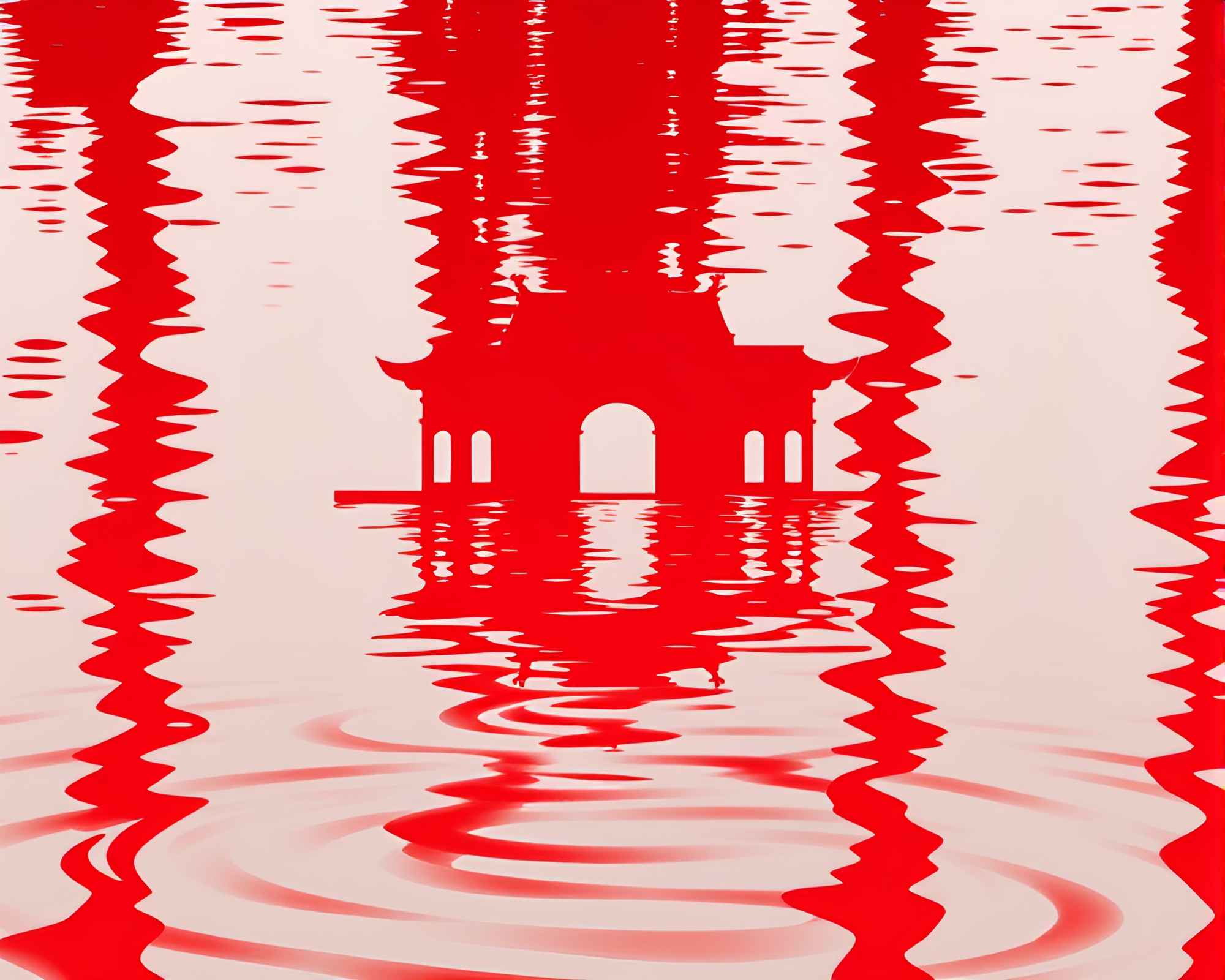 Ruby Red Temple Reflection in Stencil Art Style – free AI stock image