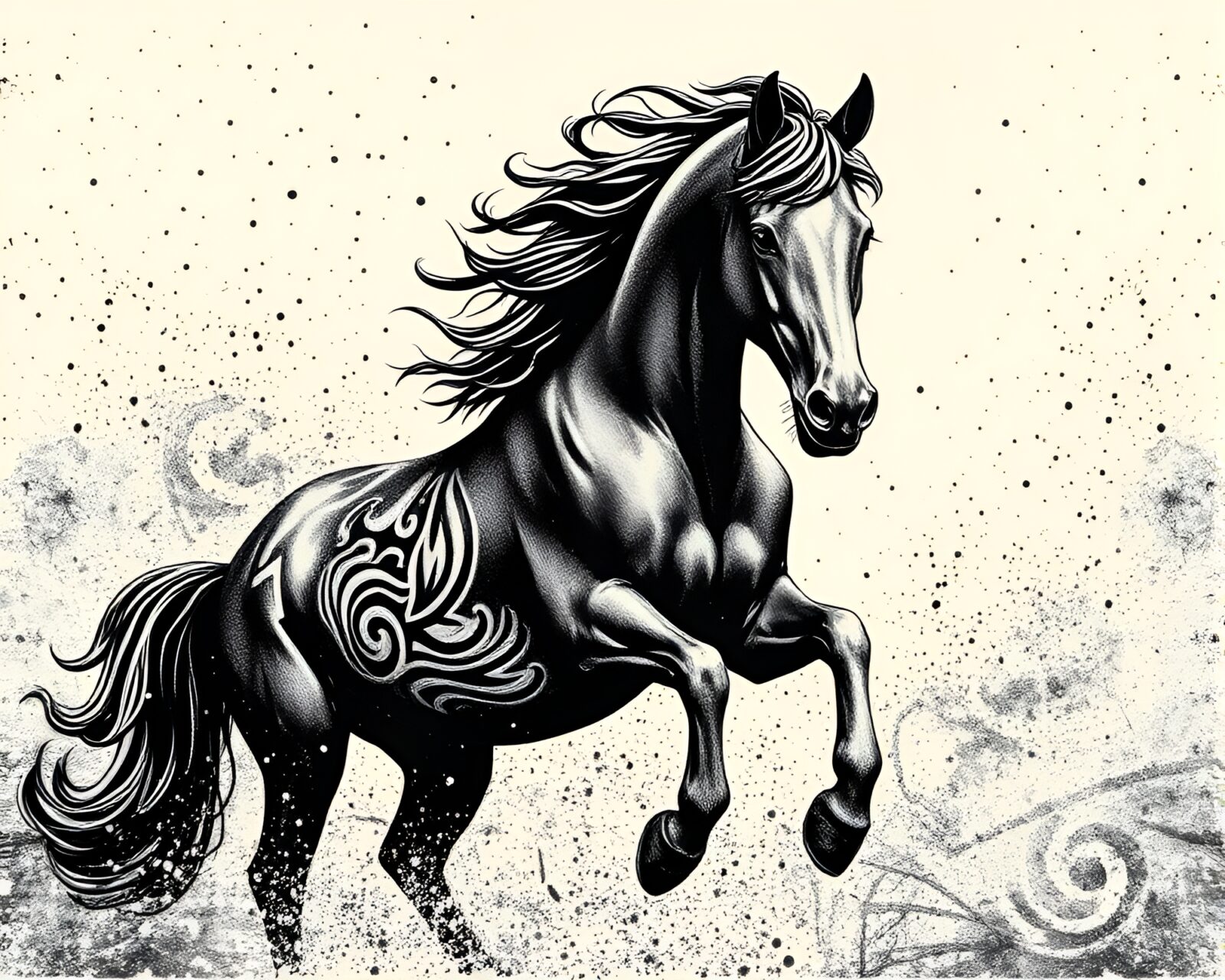 Detailed woodcut print of wild stallion in dusty light.