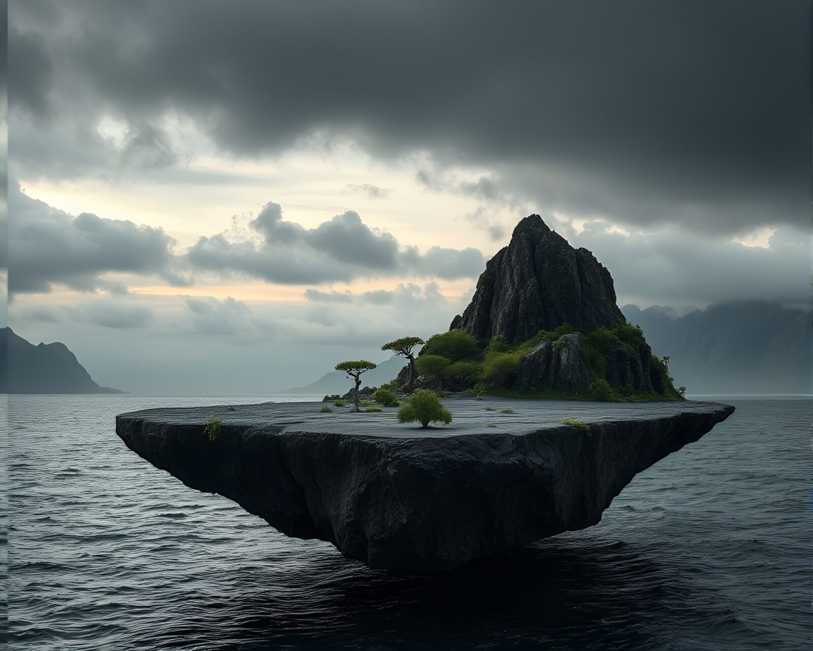 Detailed macro view of dark floating island landscape