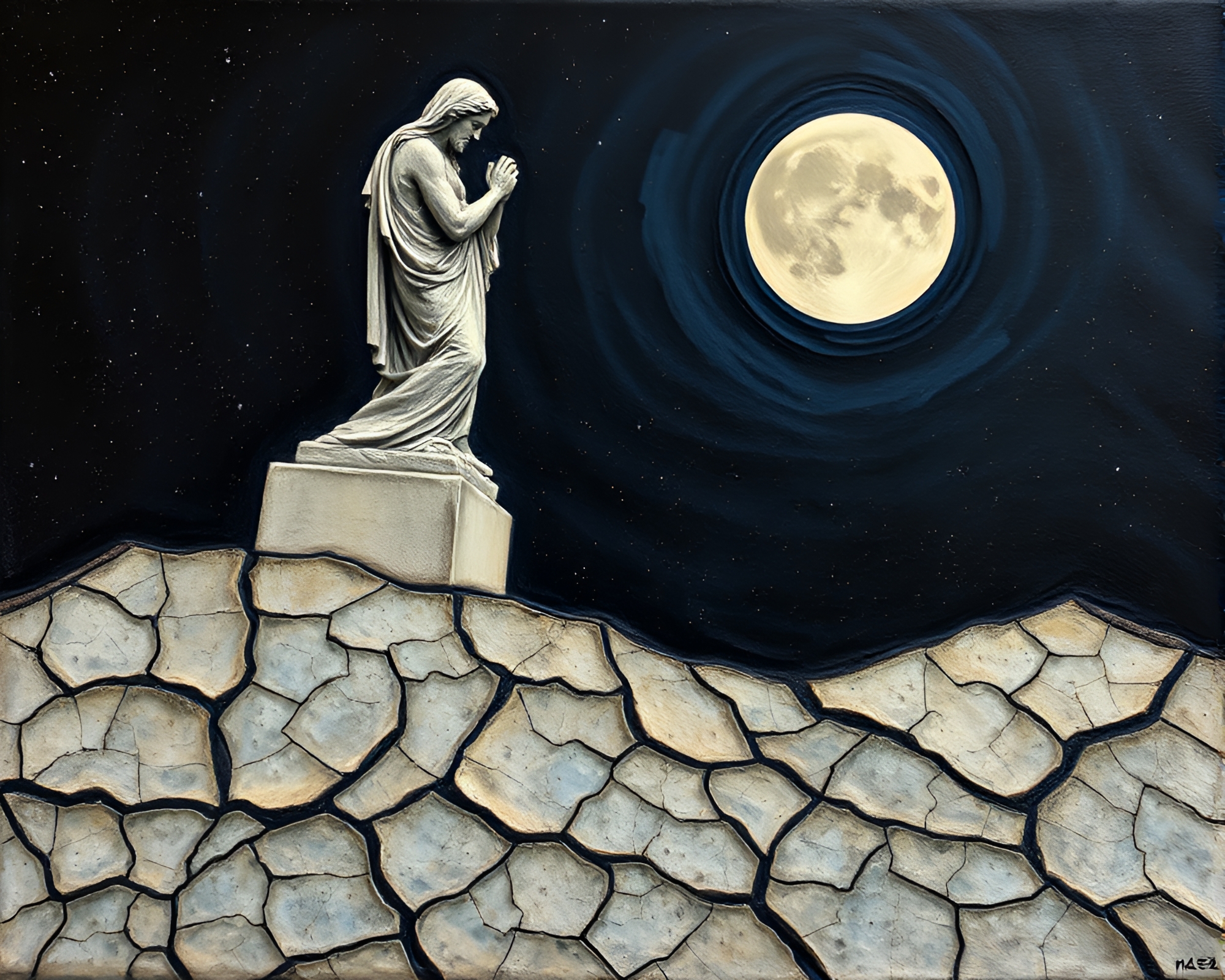 Moonlit Statue Among Cracked Encaustic Earth – free AI stock image