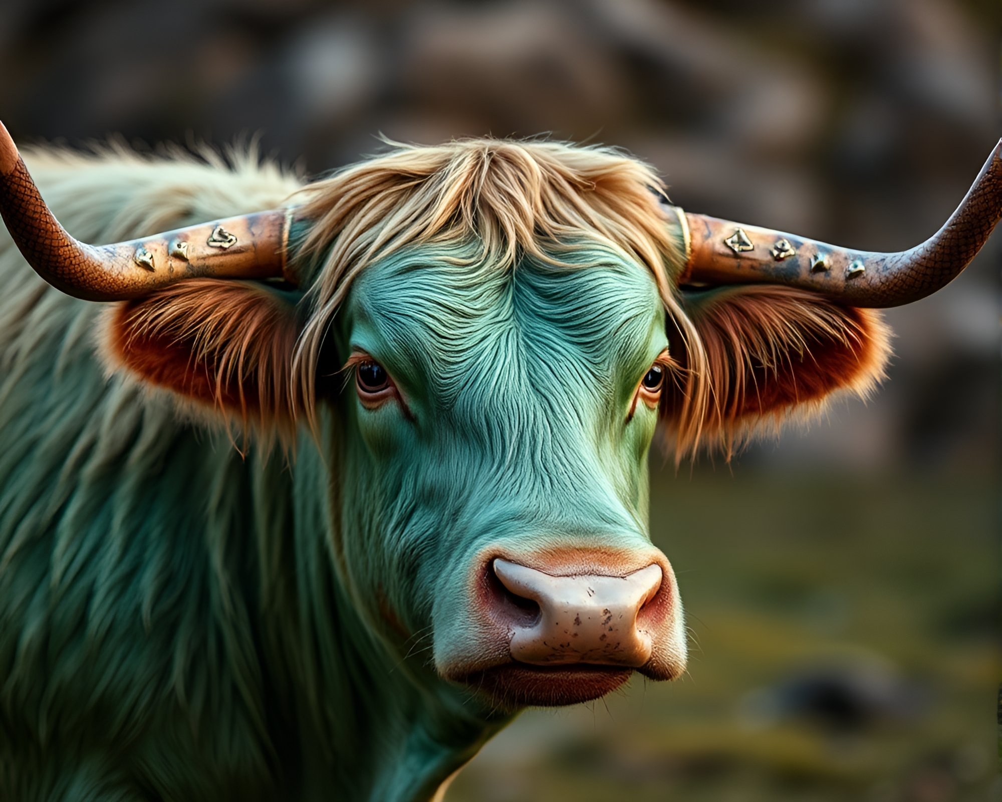 Mint Green Highland Cow: Macro Photography Composition – free AI stock image
