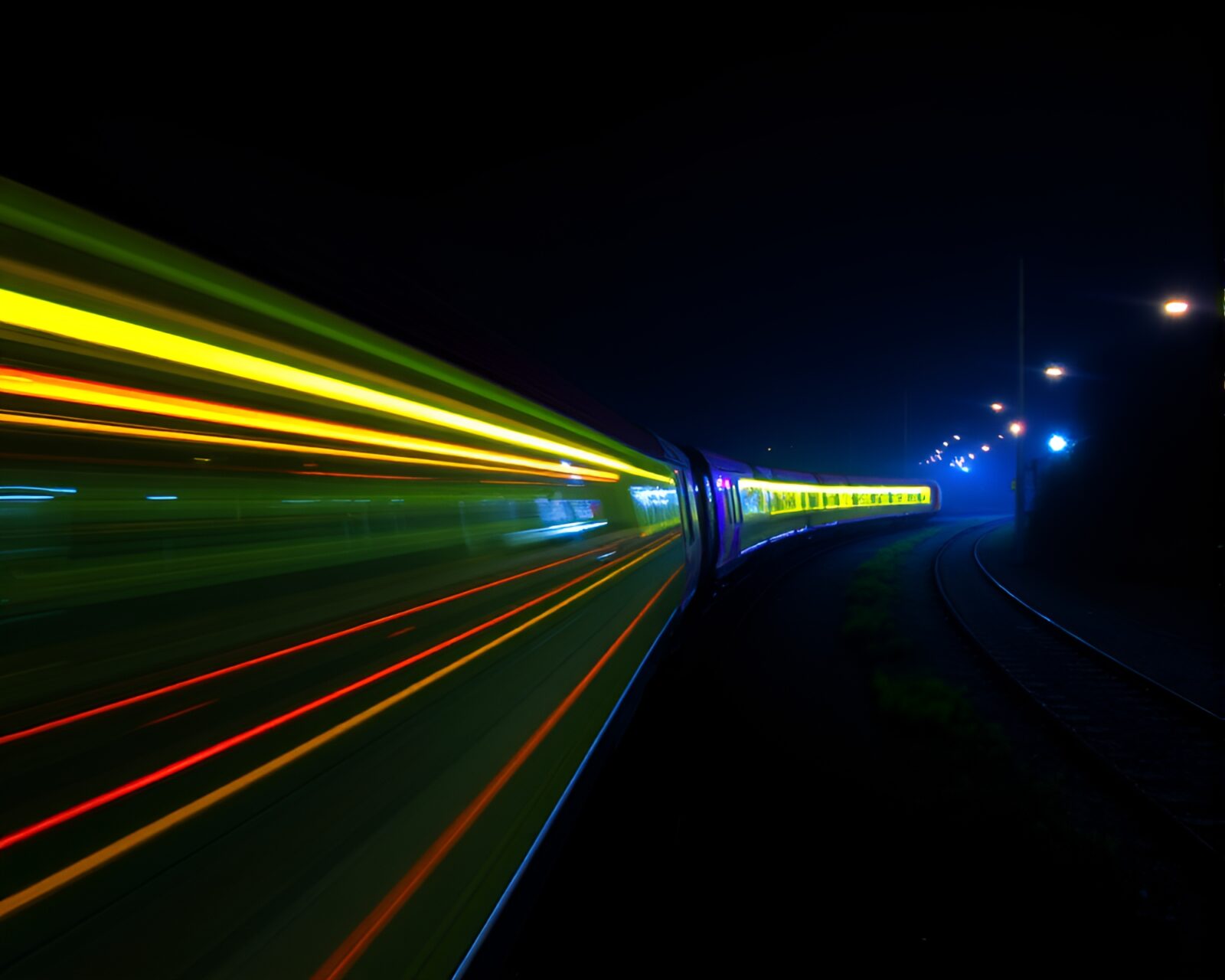 Surreal ultraviolet Toucan amidst shimmering train light trails