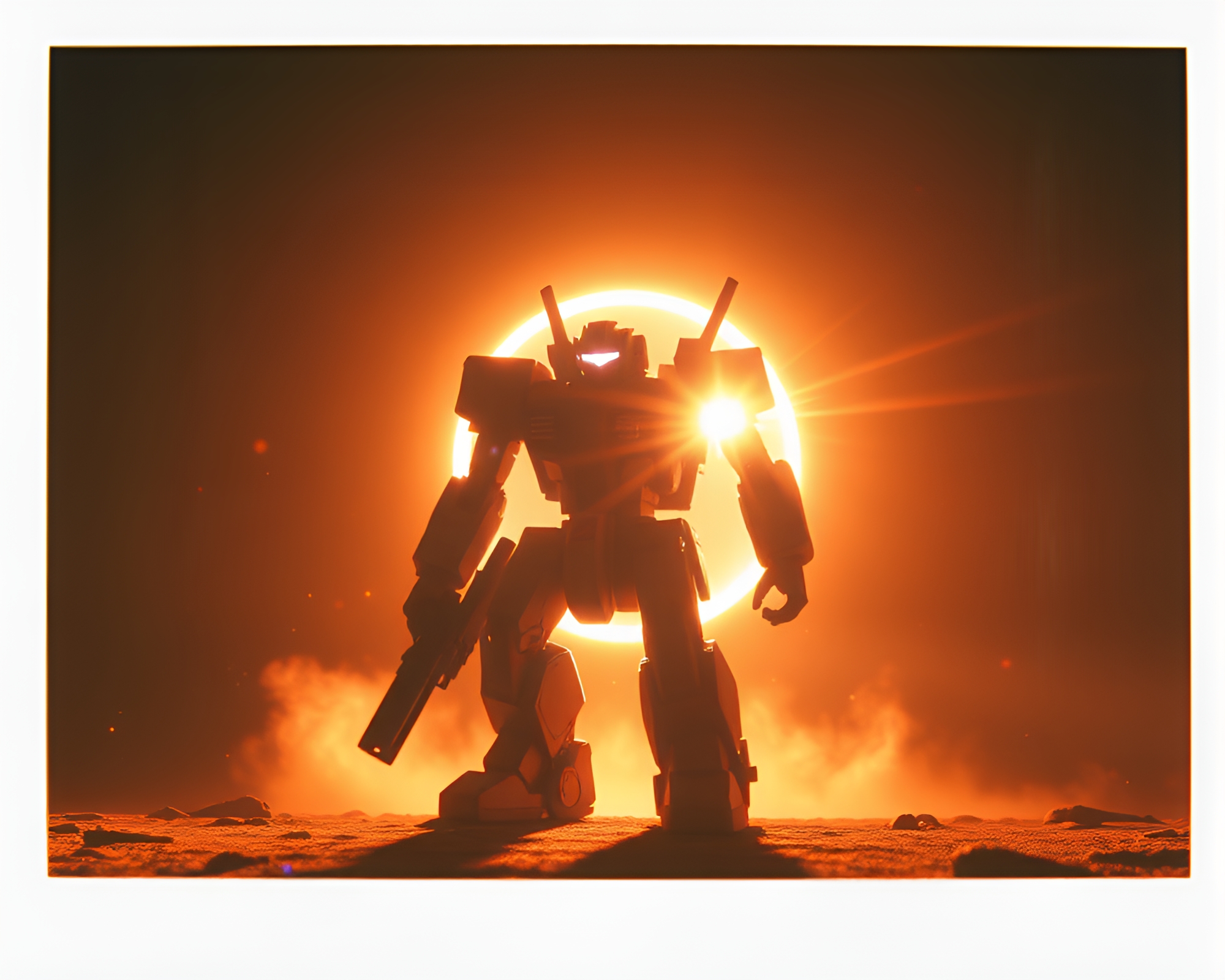 Shadowy Battle Mech in Holographic Eclipse – free AI stock image