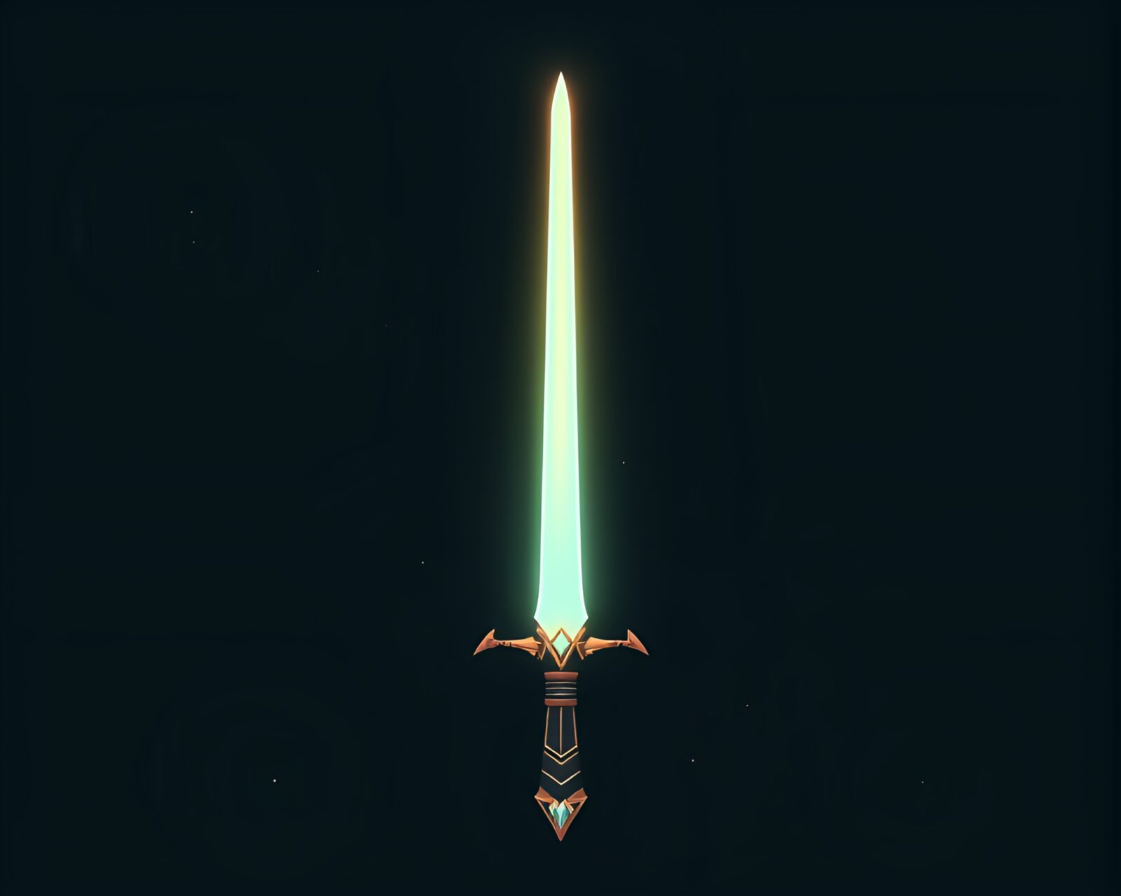 Copper verdigris laser sword on pastel planetary landscape