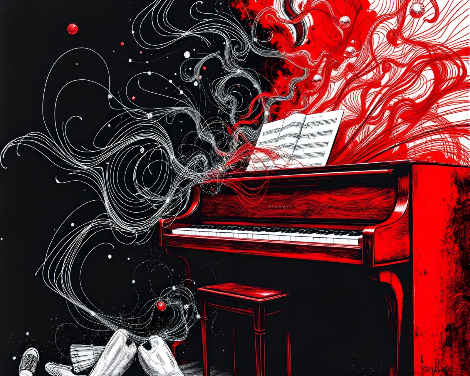 Abstract red piano keys in dynamic motion on striking canvas
