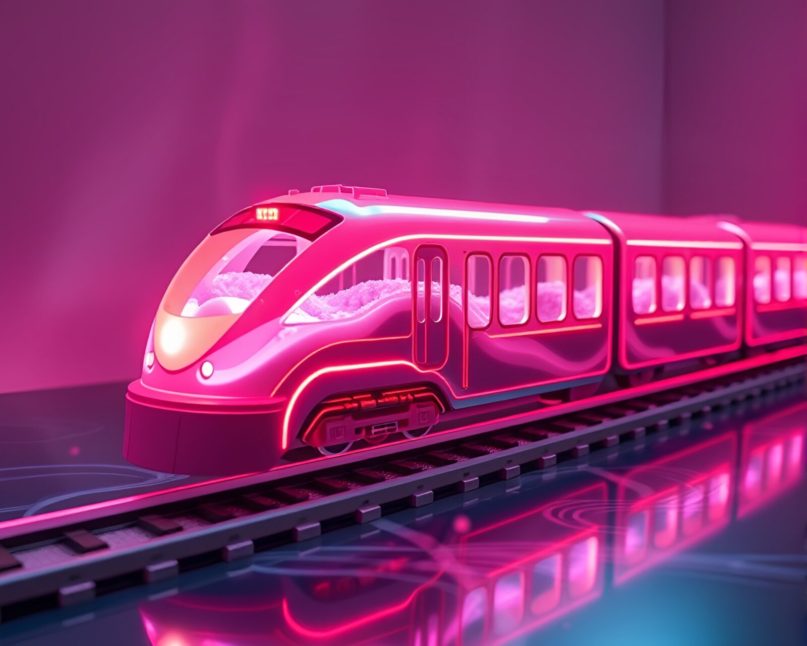 Artistic depiction of magnetic levitation train surrounded by peachy light