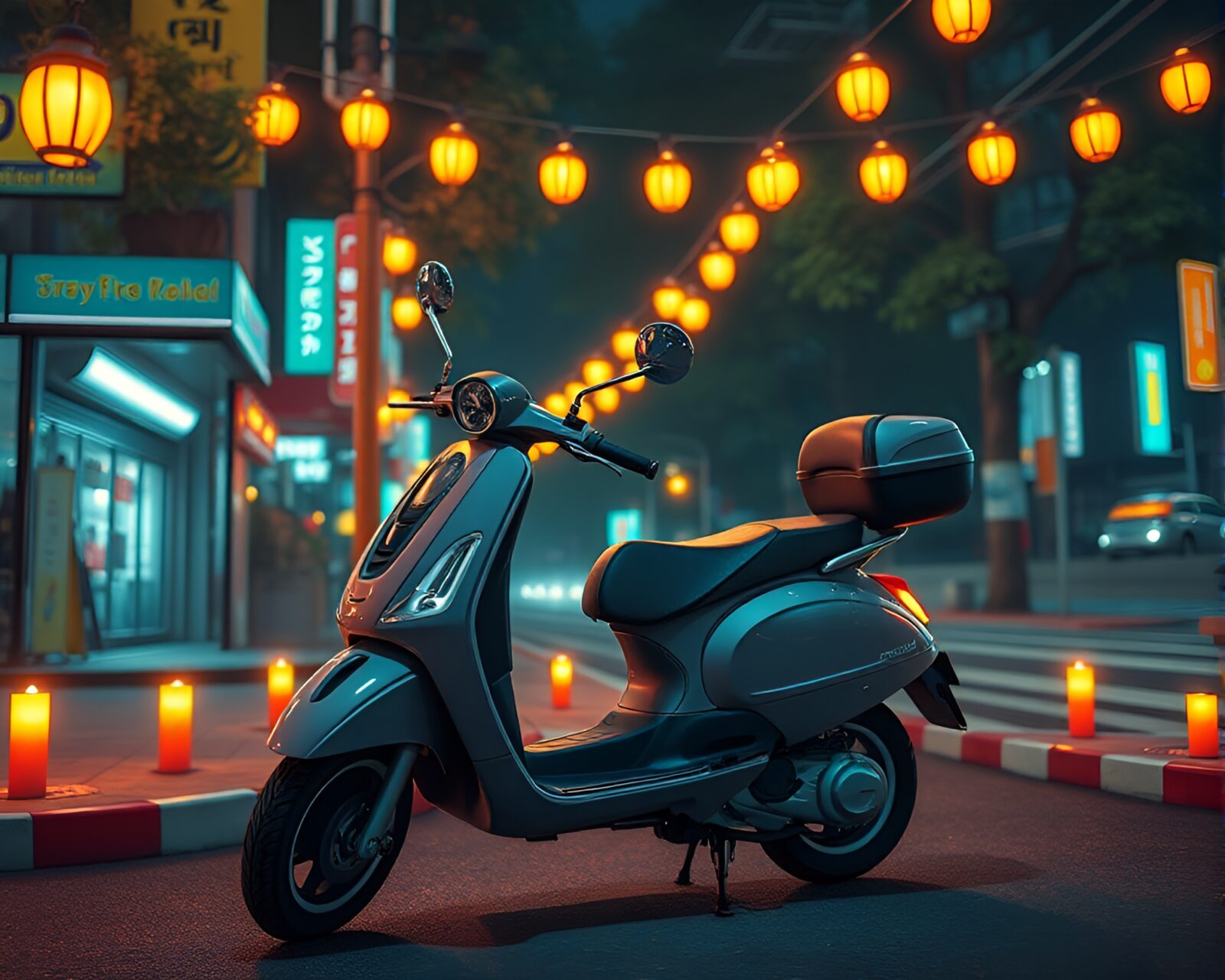 Fantastical scene showing electric scooter in manga art style