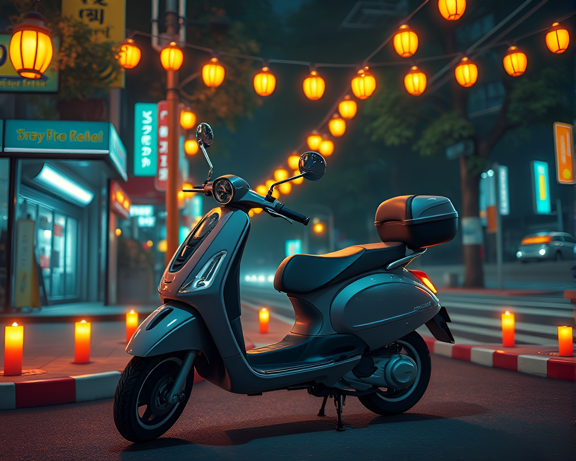 Manga-style Electric Scooter Ride Through Candlelit Scan Lines – free AI stock image