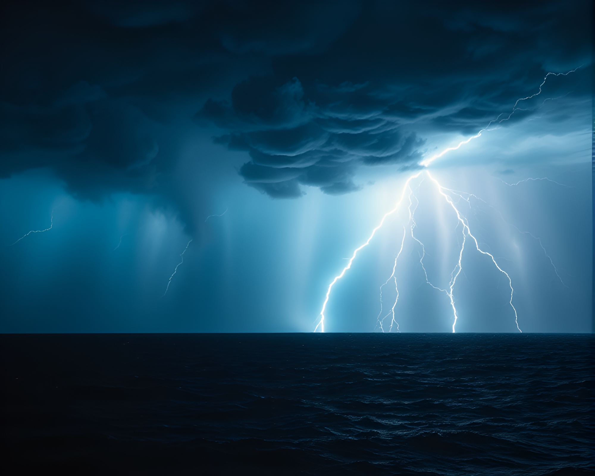Steel-Blue Thunderstorm Over Ocean with Backscatter Flare – free AI stock image