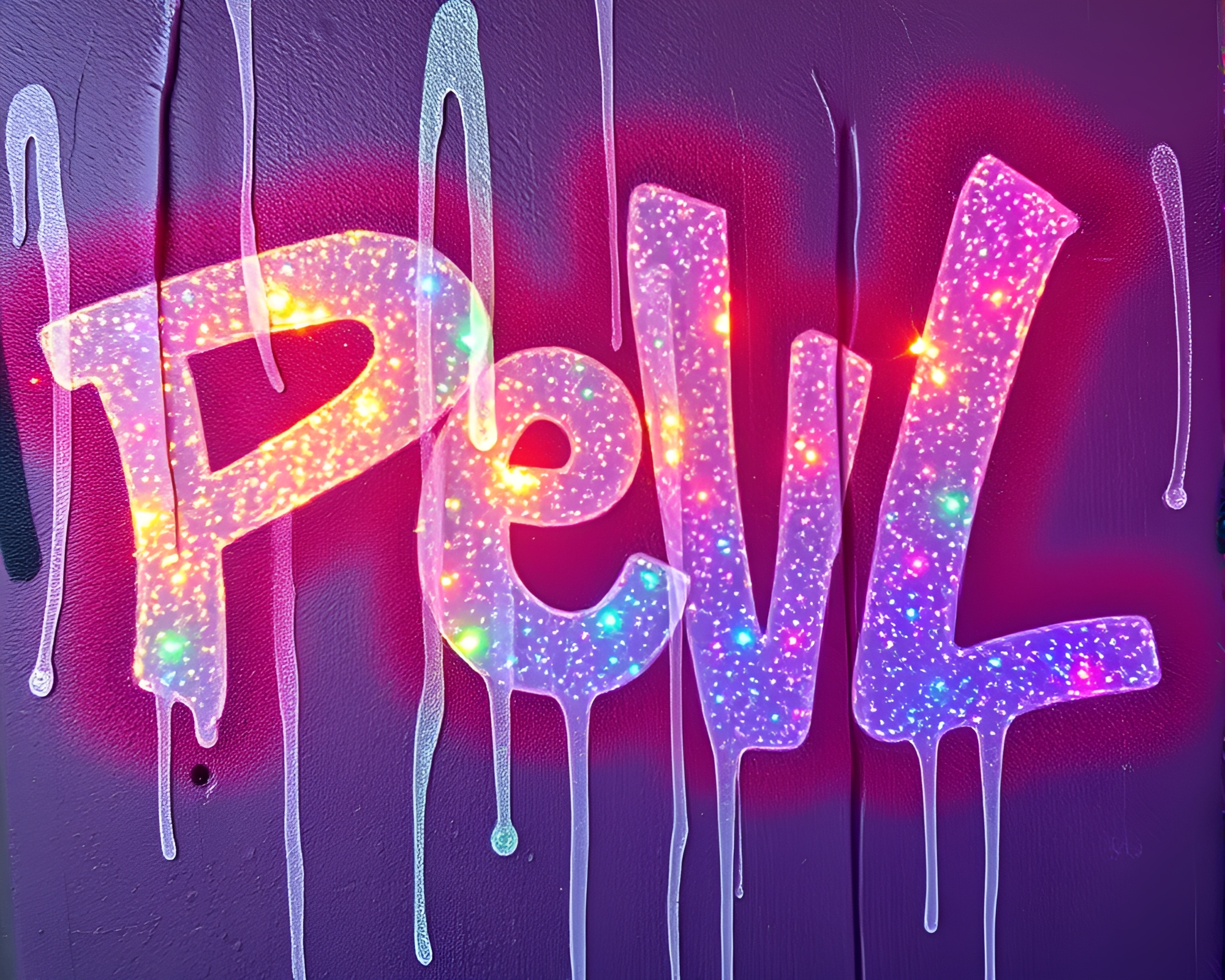 Graffiti Drips Surround Holographic Pet in Fairy Light – free AI stock image