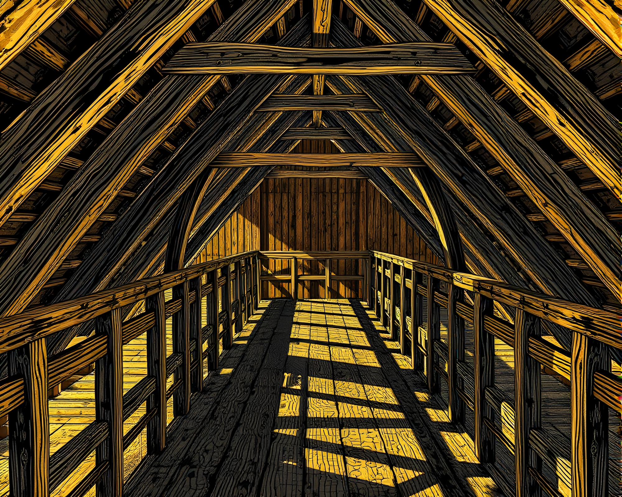 Foil Stamped Wooden Bridge in Attic Shadow – free AI stock image