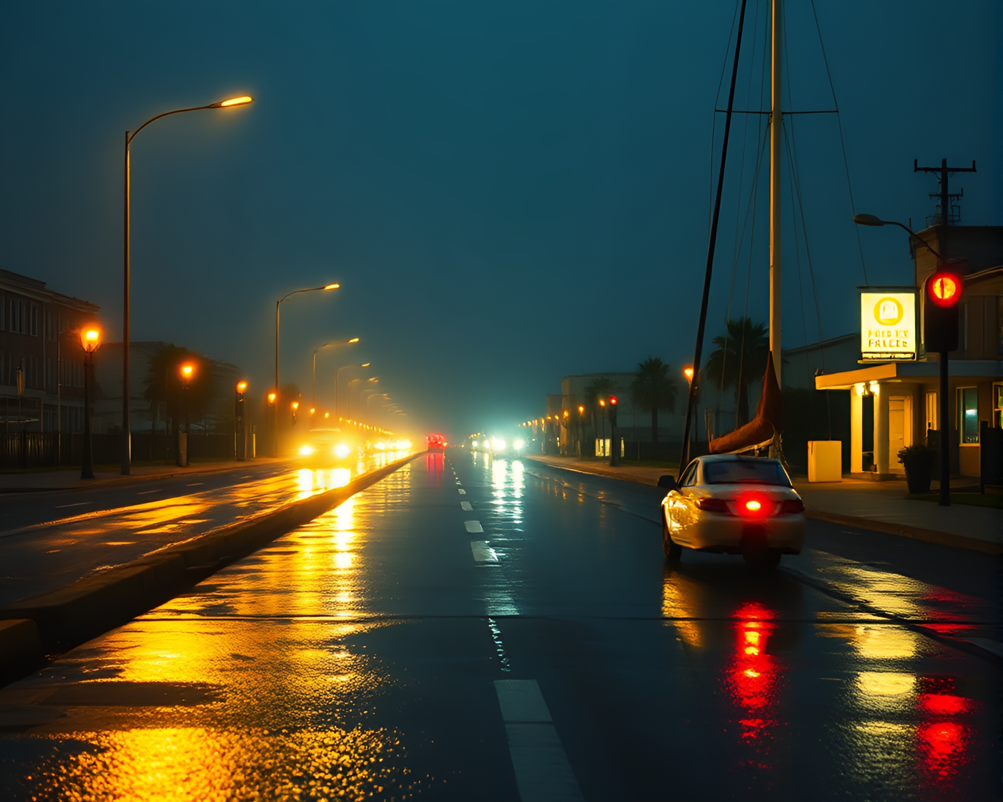 Solar Sailboat Cruise on Wet Pavement in Grunge Style – free AI stock image