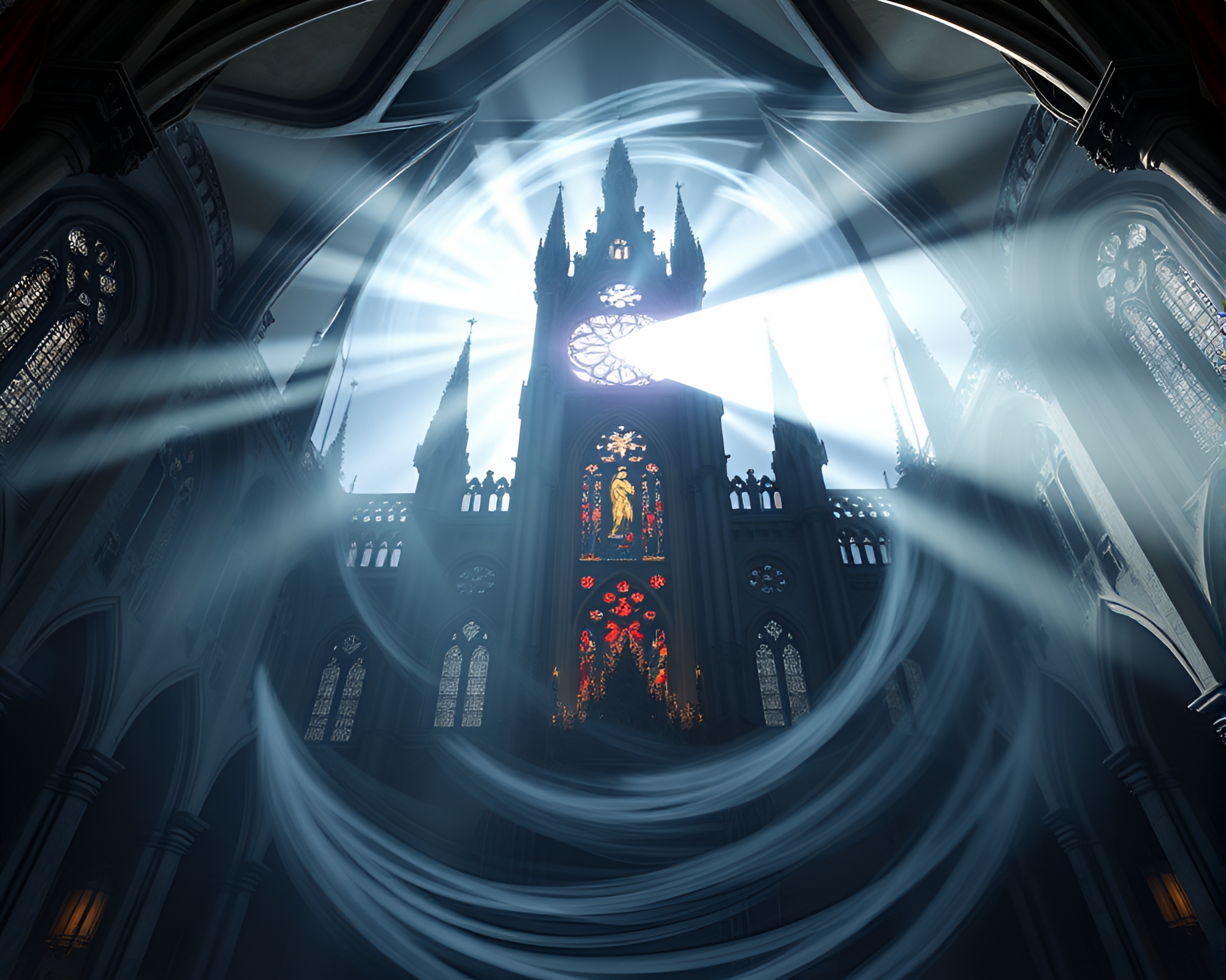 Neo-Gothic Mansion Illuminated by Stained Light Vortex – free AI stock image