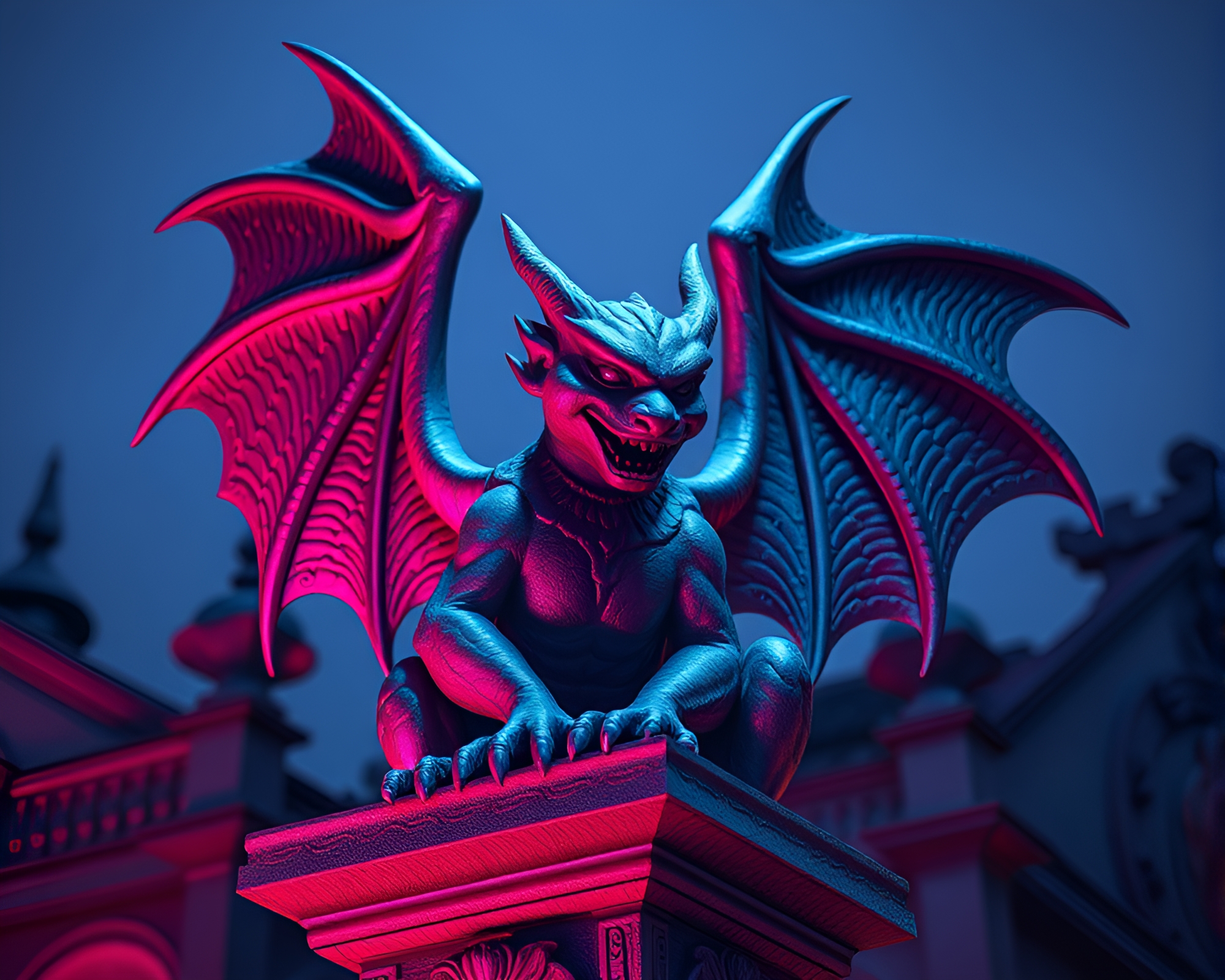 Gargoyle statue bathed in ultraviolet light – free AI stock image