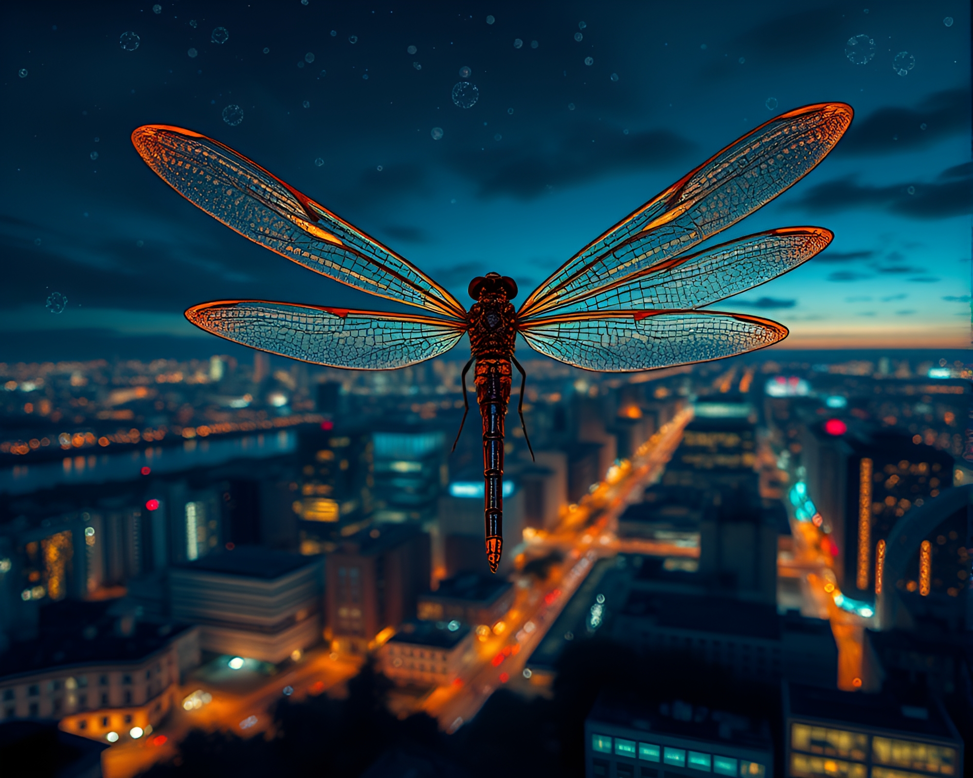 Dragonfly Stitched Pattern in Cityscape Lights – free AI stock image