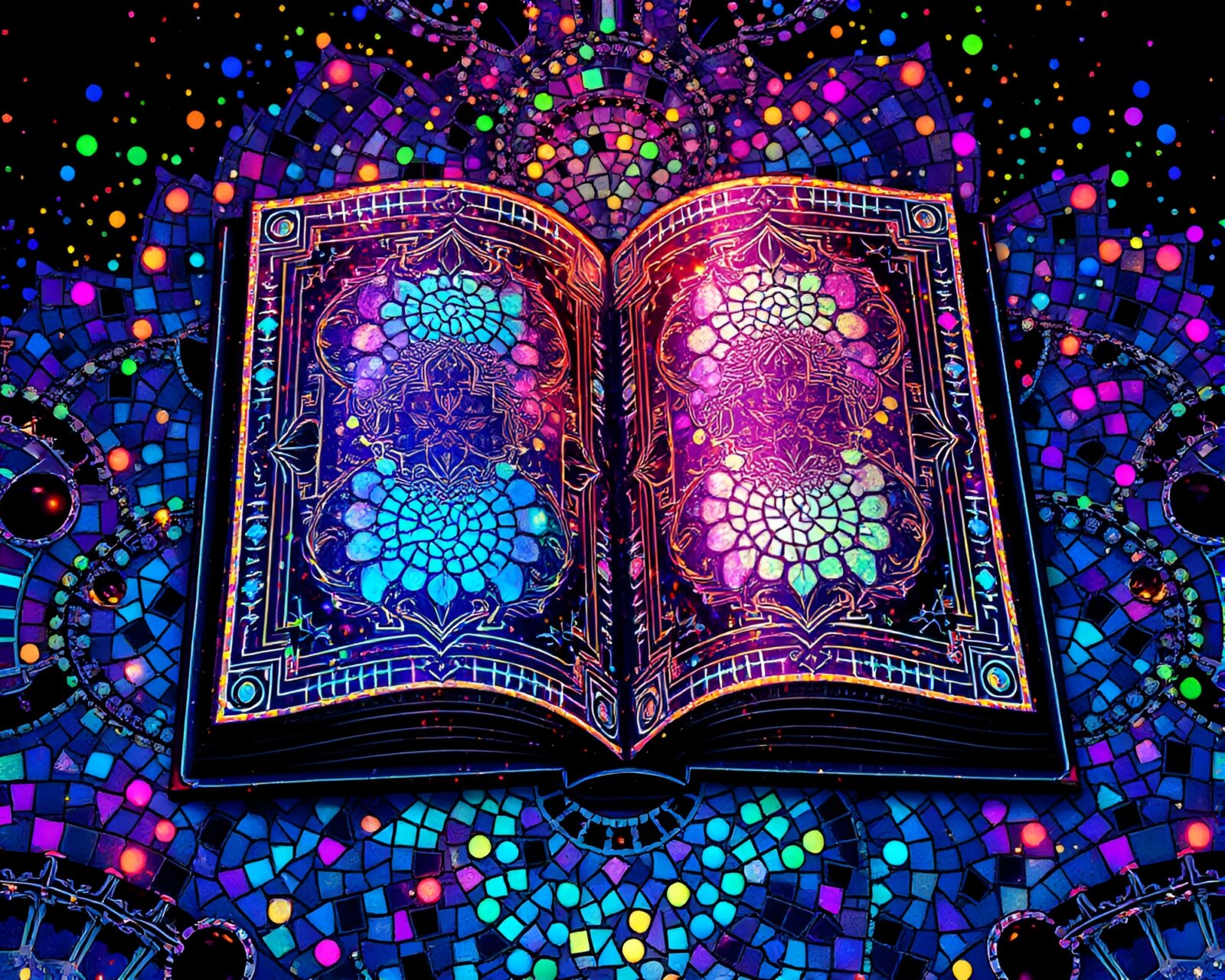 Magical holographic book with intricate mosaic design glowing