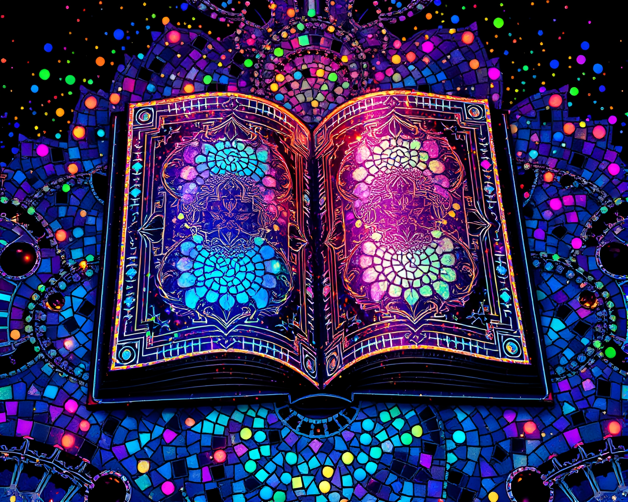 Enchanted Book with Holographic Sheen and Mosaic Pattern – free AI stock image