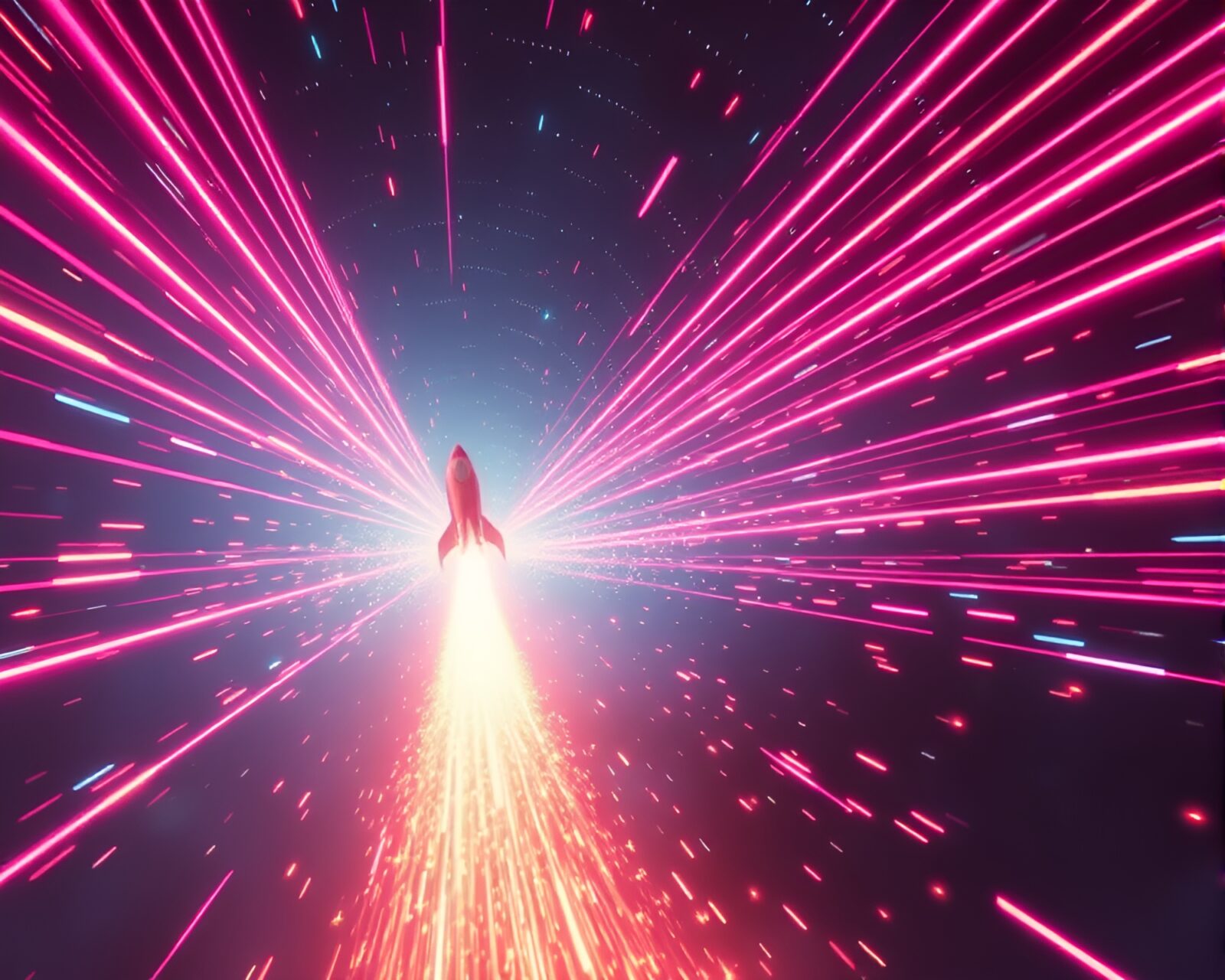 Colorful rocket launch with sparkler trails in retro synthwave style