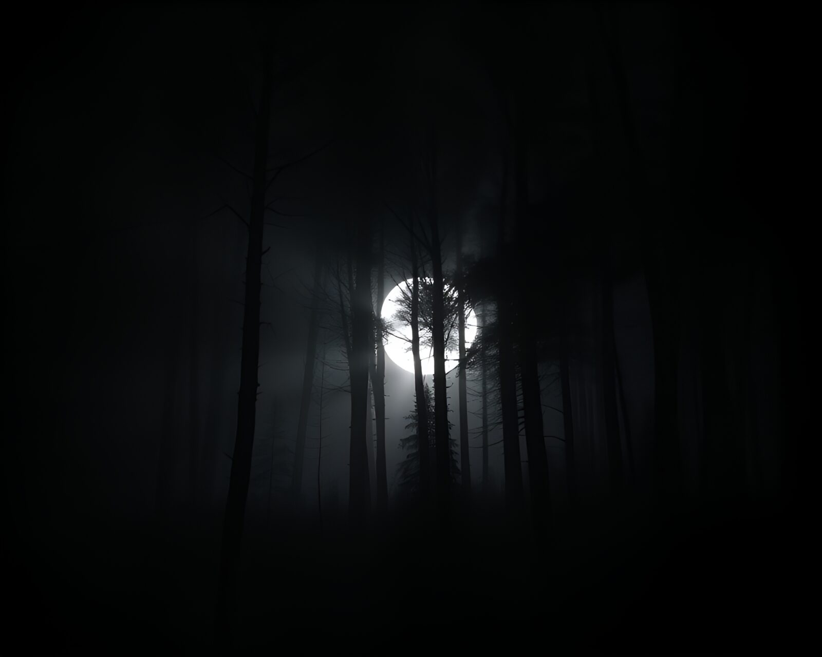 Tranquil forest scene blanketed by eerie lunar eclipse shadows