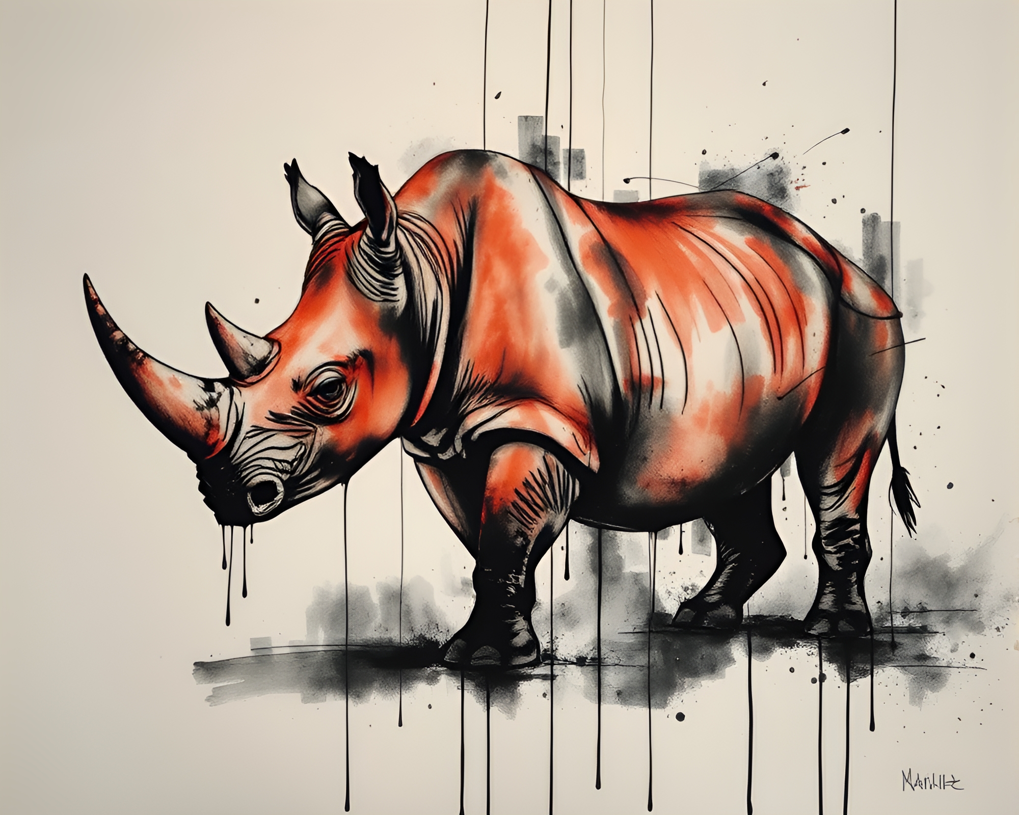 Encaustic Rhinoceros under Low-Key Ink Wash Drips – free AI stock image