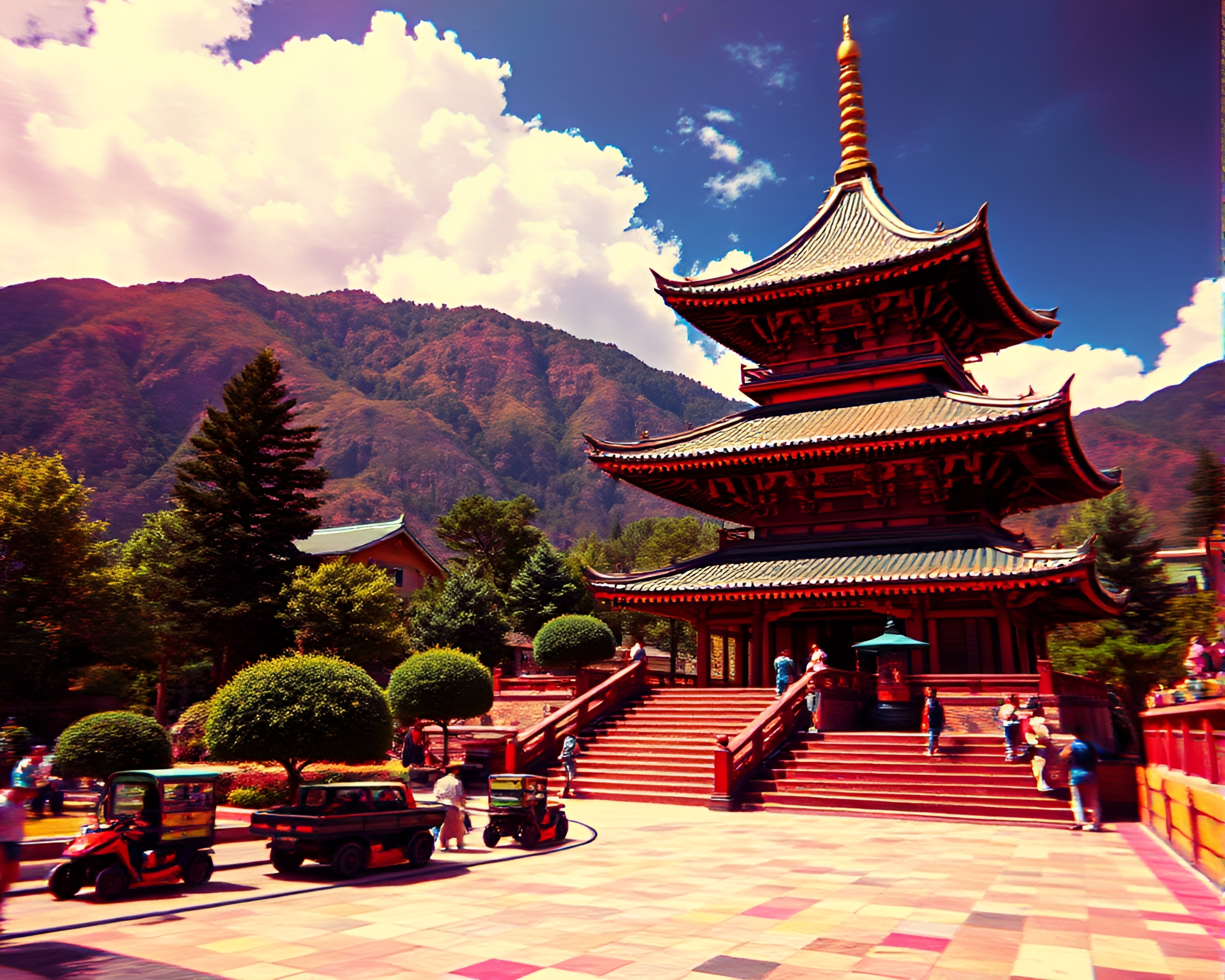 Fractal Pagoda: VHS Disruption in Fresco Painting – free AI stock image