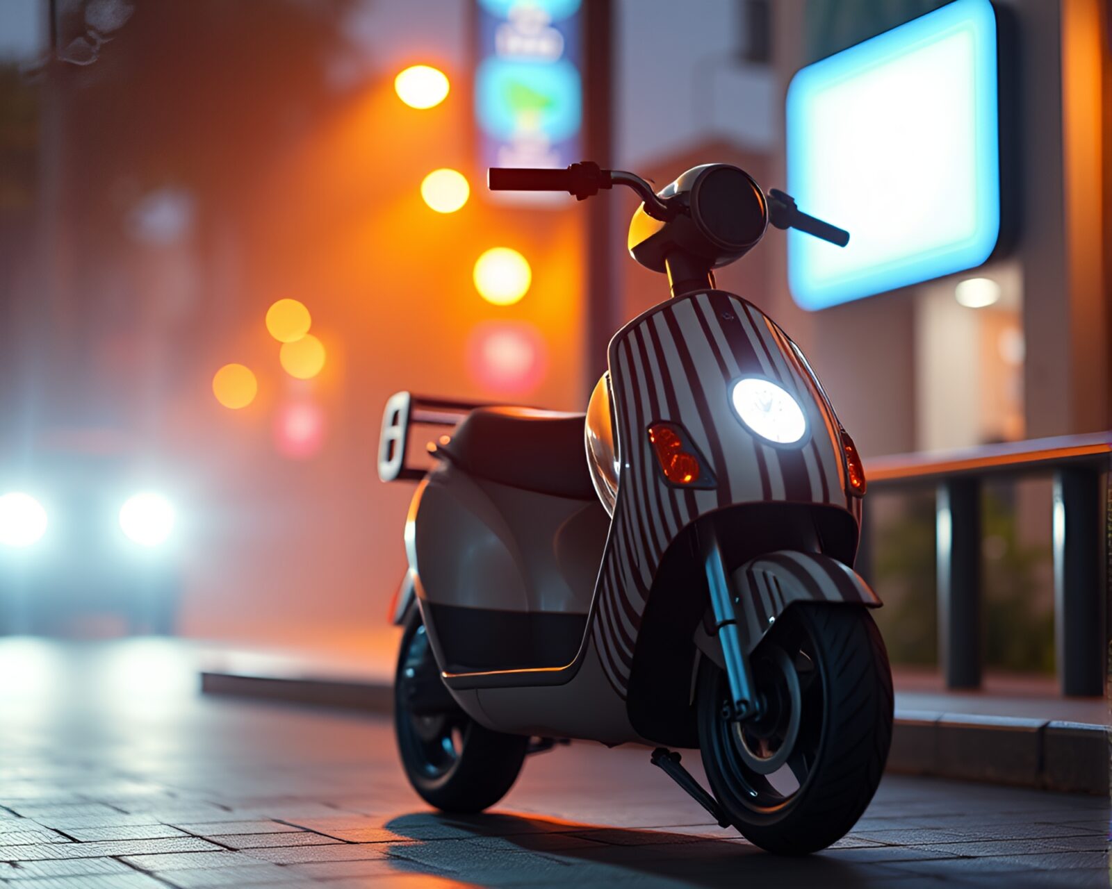Low-poly 3D render of electric scooter under porchlight glow