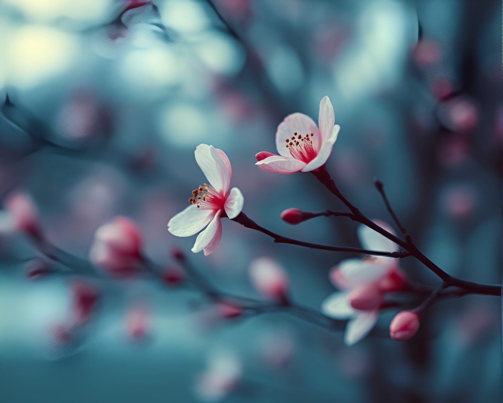 Soft focus pink flowers under blue cast light