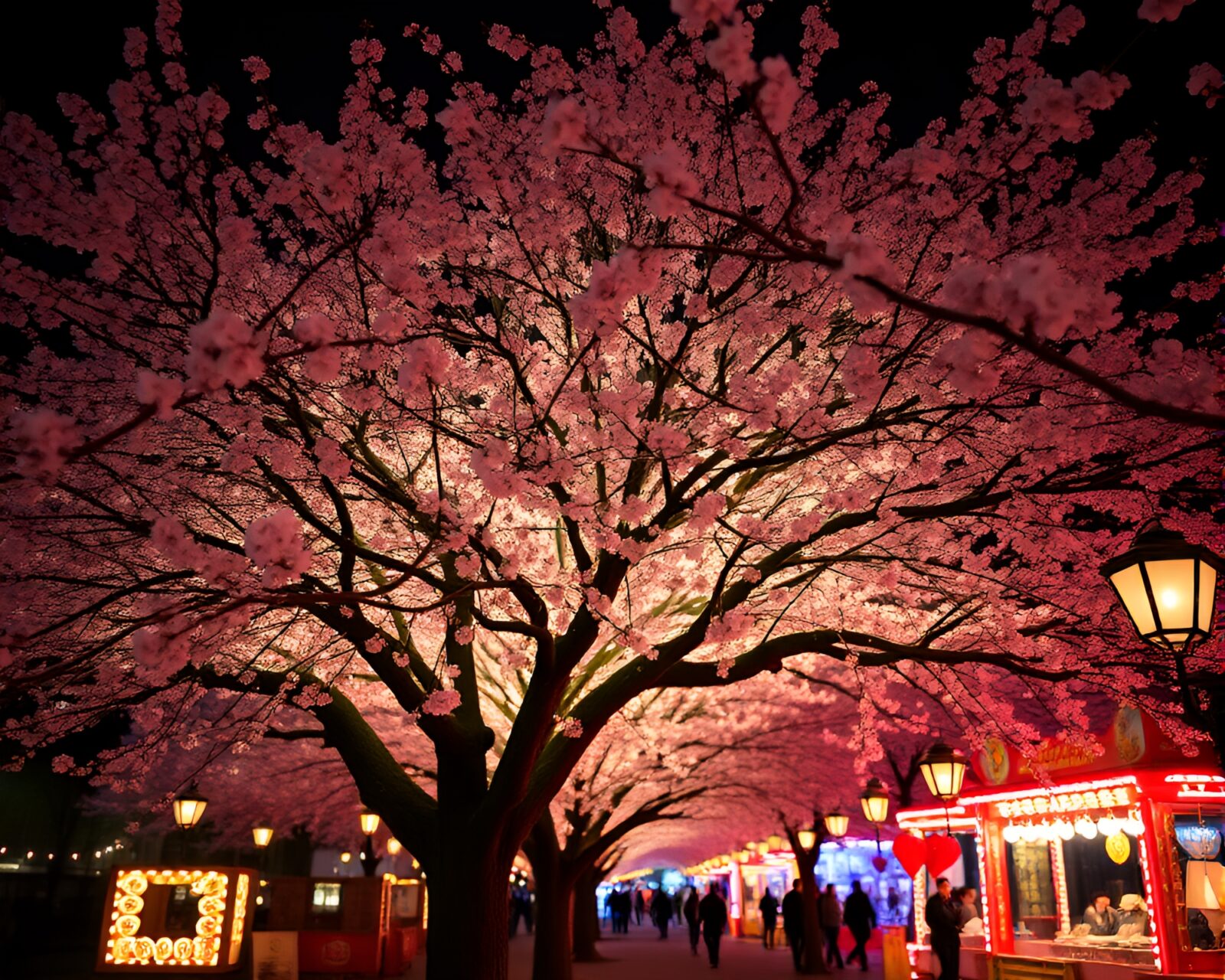 Glowing carnival lights under cherry blossom tree at night
