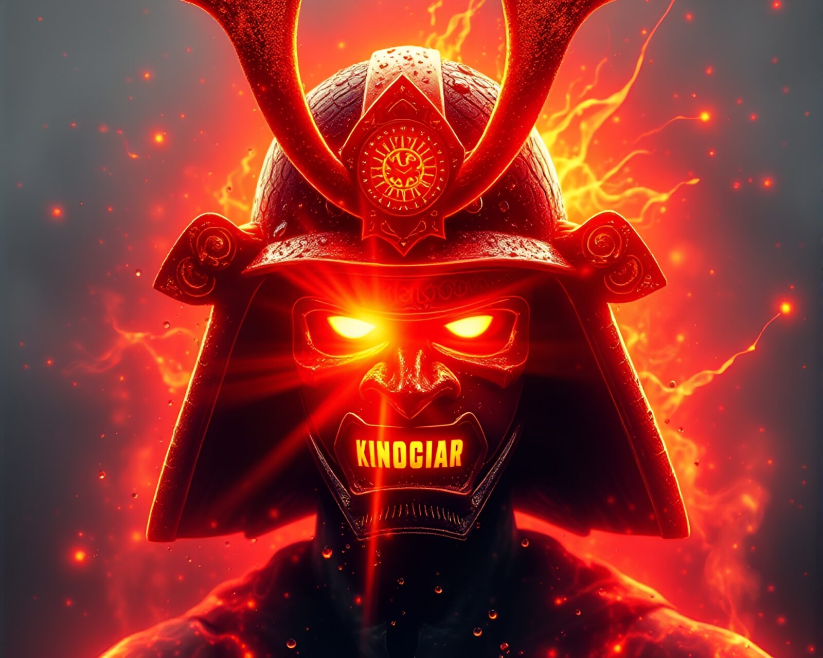Water droplets on Samurai helmet in glowing solar light